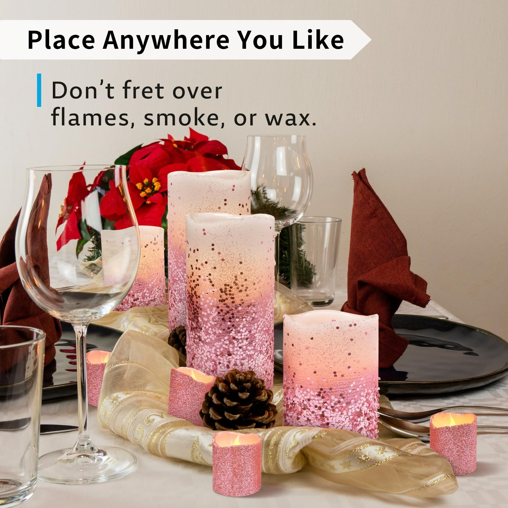 FURORA LIGHTING Pink Glitter LED Candles with Remote & Timer - 4 Pillar & 4 Votive Flameless Candles Set of 8, Real Wax Battery-Operated Flickering Candles for Home Decor, Wedding, Party & Holiday Lighting