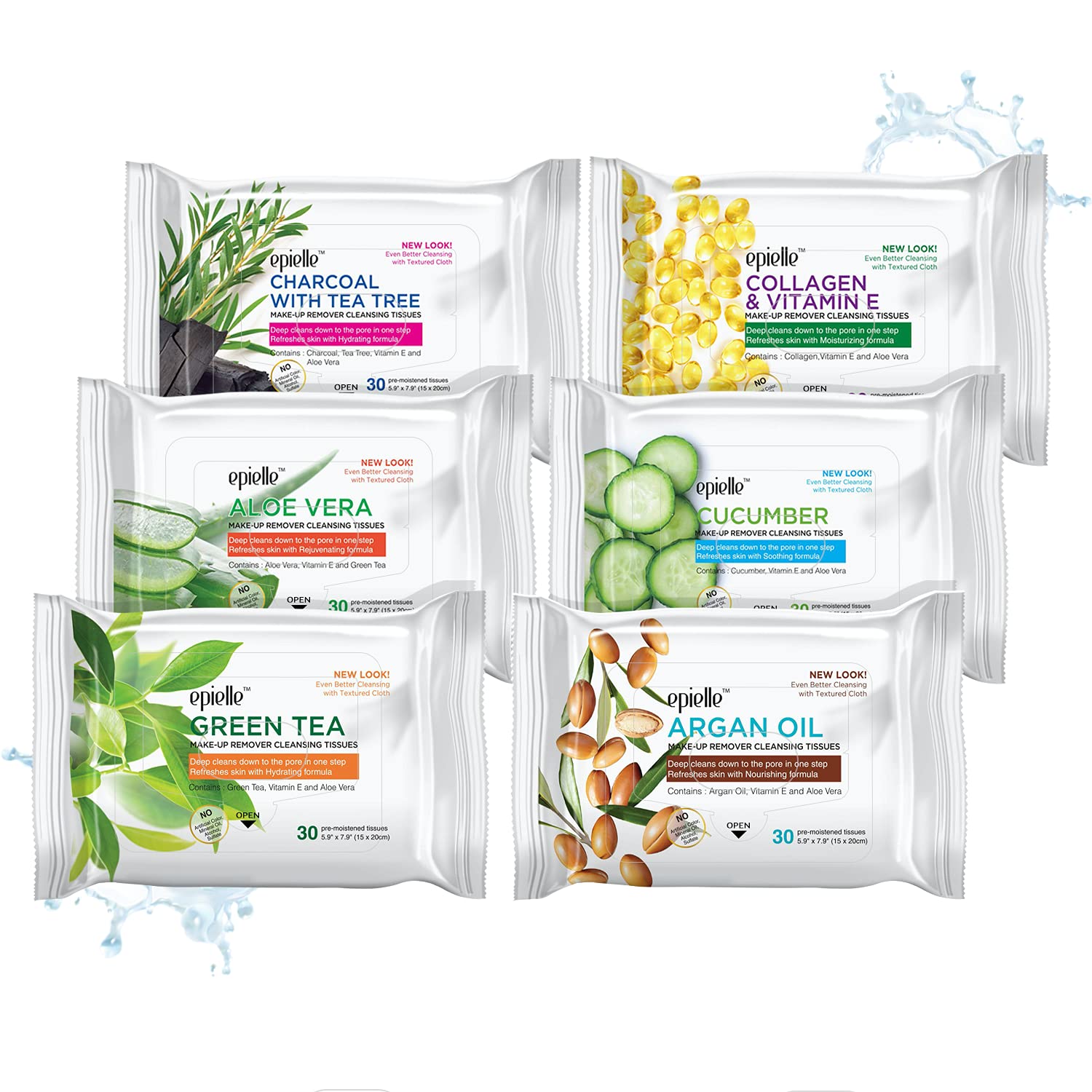 Epielle Charcoal & Collagen Makeup Remover Cleansing Wipes - Gentle for All Skin Types, Removes Dirt, Oil & Makeup - Infused with Aloe, Cucumber, Green Tea & Argan Oil - 30 Count (Pack of 6) - Perfect for Travel, Gym & Daily Skincare Routine