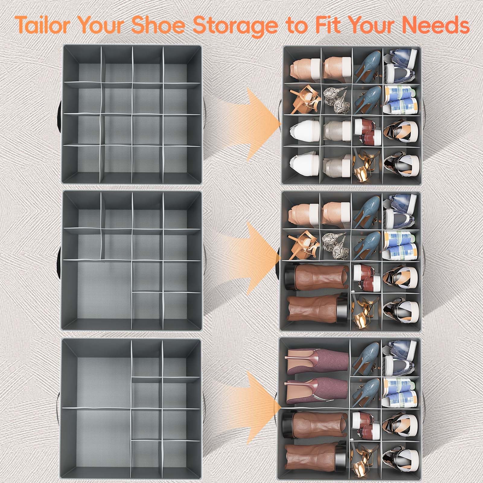 2 Pack Large Shoe Organizer for Closet - Fabric Storage Box with Clear Cover Holds 16 Pairs, Adjustable Dividers for Shoes, Handbags, Blankets & Clothing | Perfect for Bedroom, Walk-in Closet & Entryway Organization