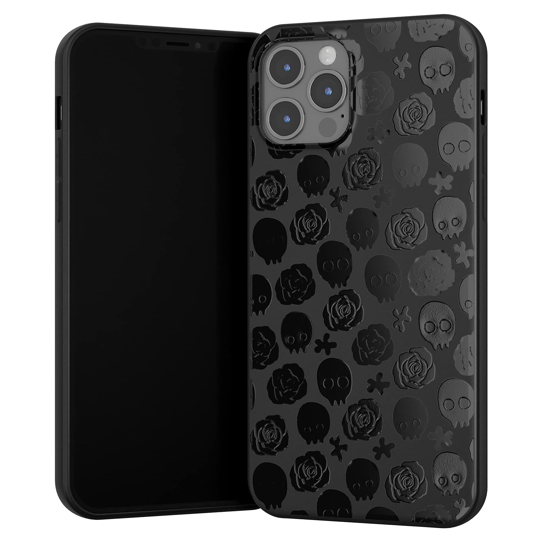 Mertak Black Matte iPhone Case Compatible with iPhone 14 Plus 13 Pro Max 12 Mini 11 SE XR XS X 8 7 6S - Spooky Skull & Roses Print TPU Slim Protective Cover - Cute Girly Design for Women & Teens - Perfect for Halloween, Gothic Style & Everyday Use
