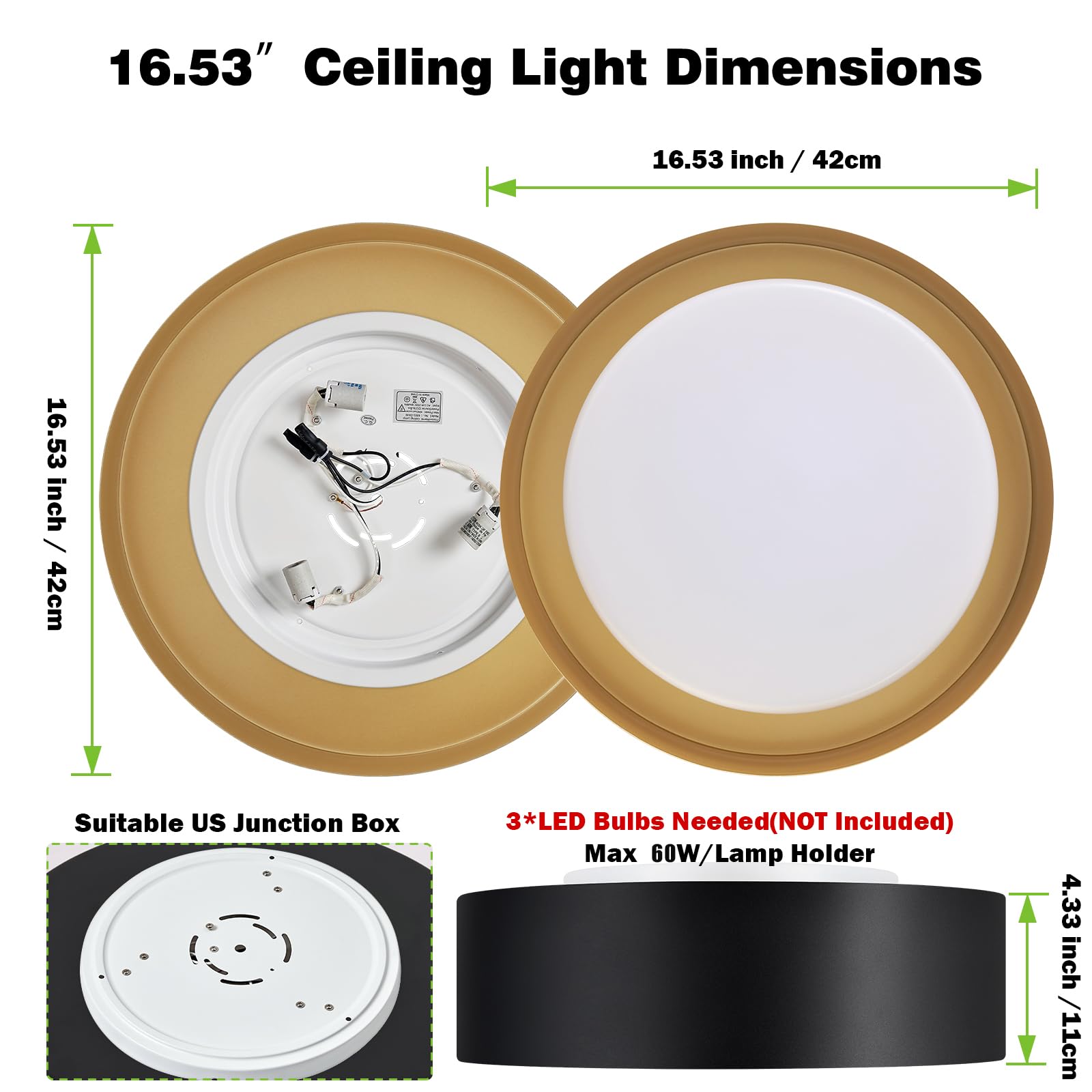 Modern Black & Gold Flush Mount Ceiling Light Fixture - 16.5