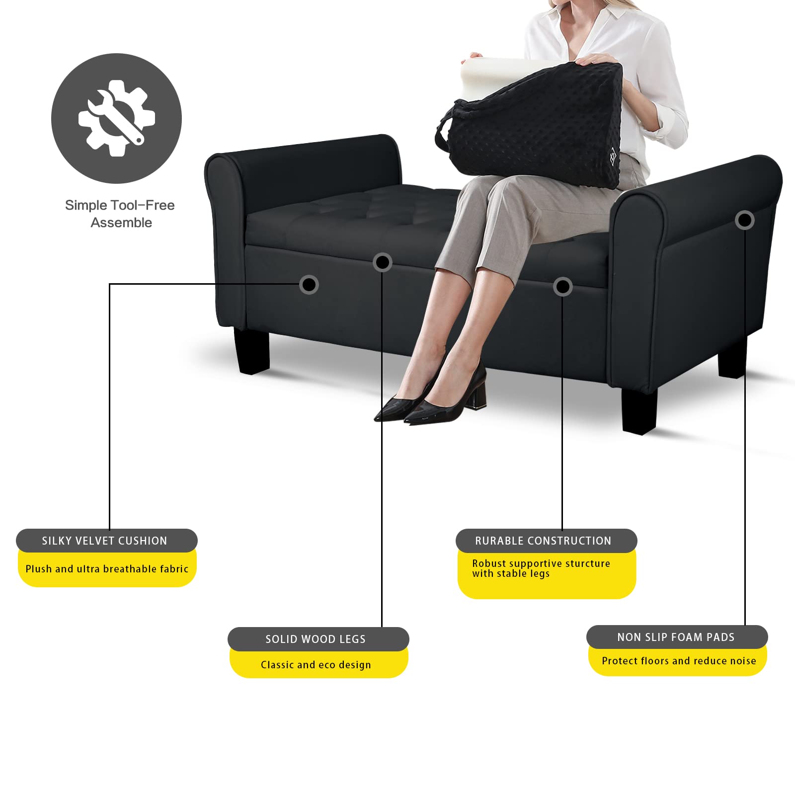 Velvet Storage Ottoman Bench with Arms - Black Button Tufted Footrest Seat for Bedroom, Entryway & Hallway | Multi-Functional Storage Bench for Living Room, Dorm & Home Decor (Black)