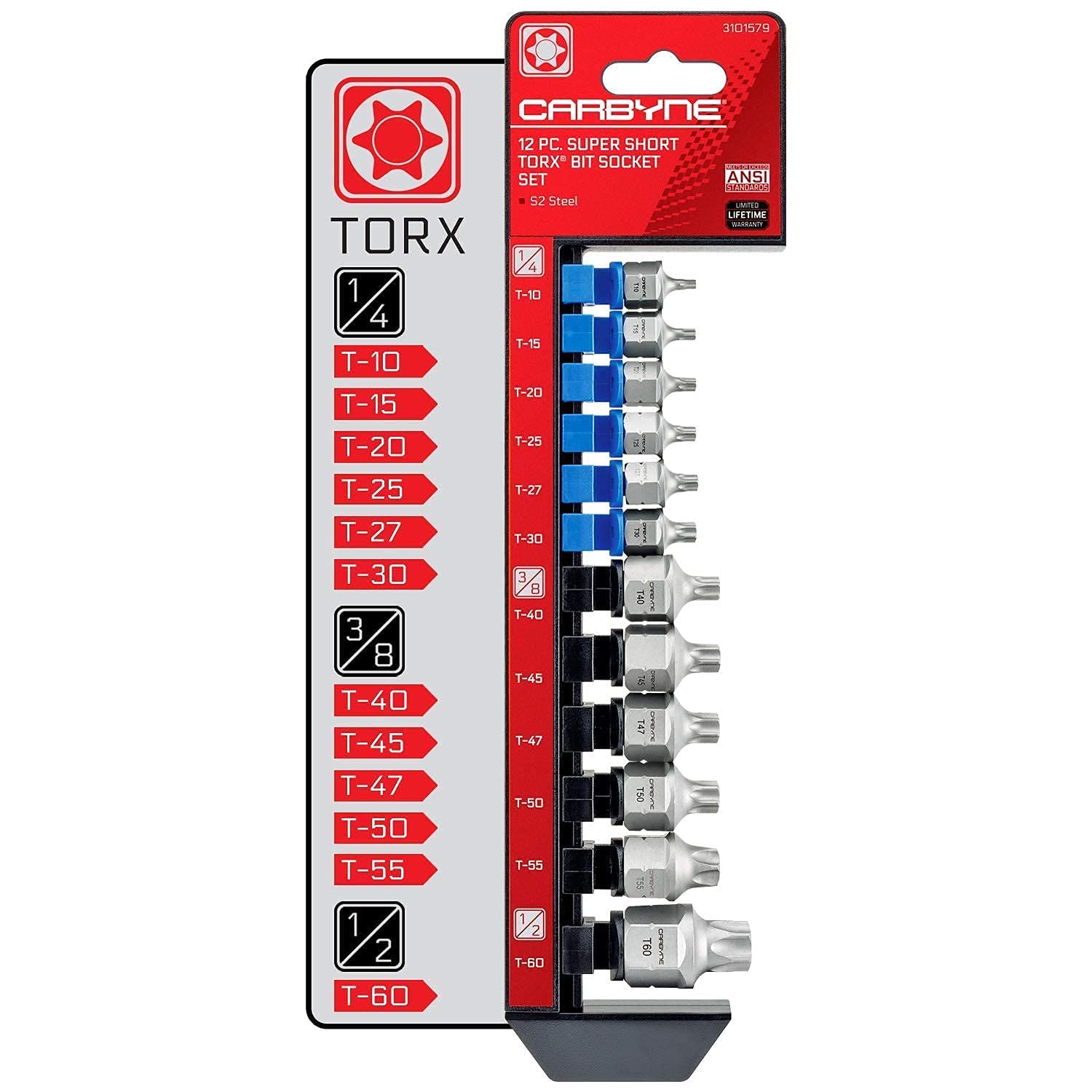CARBYNE 3 Super Short Bit Socket Set - 9-Piece SAE Hex, 9-Piece Metric Hex & 12-Piece Torx Bit Set for Tight Spaces | Perfect for Automotive Repair, DIY Projects, and Professional Mechanics