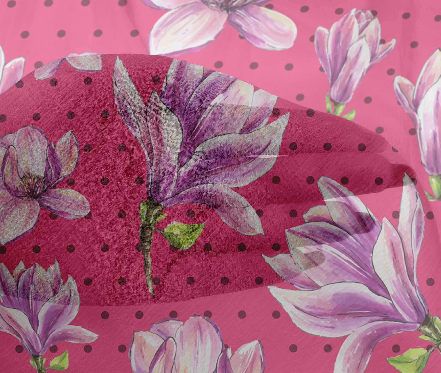 oneOone Viscose Chiffon Pink Fabric - Floral & Polka Dot Printed Dress Material - 42 Inch Wide by The Yard - Perfect for Dresses, Scarves & DIY Fashion Projects