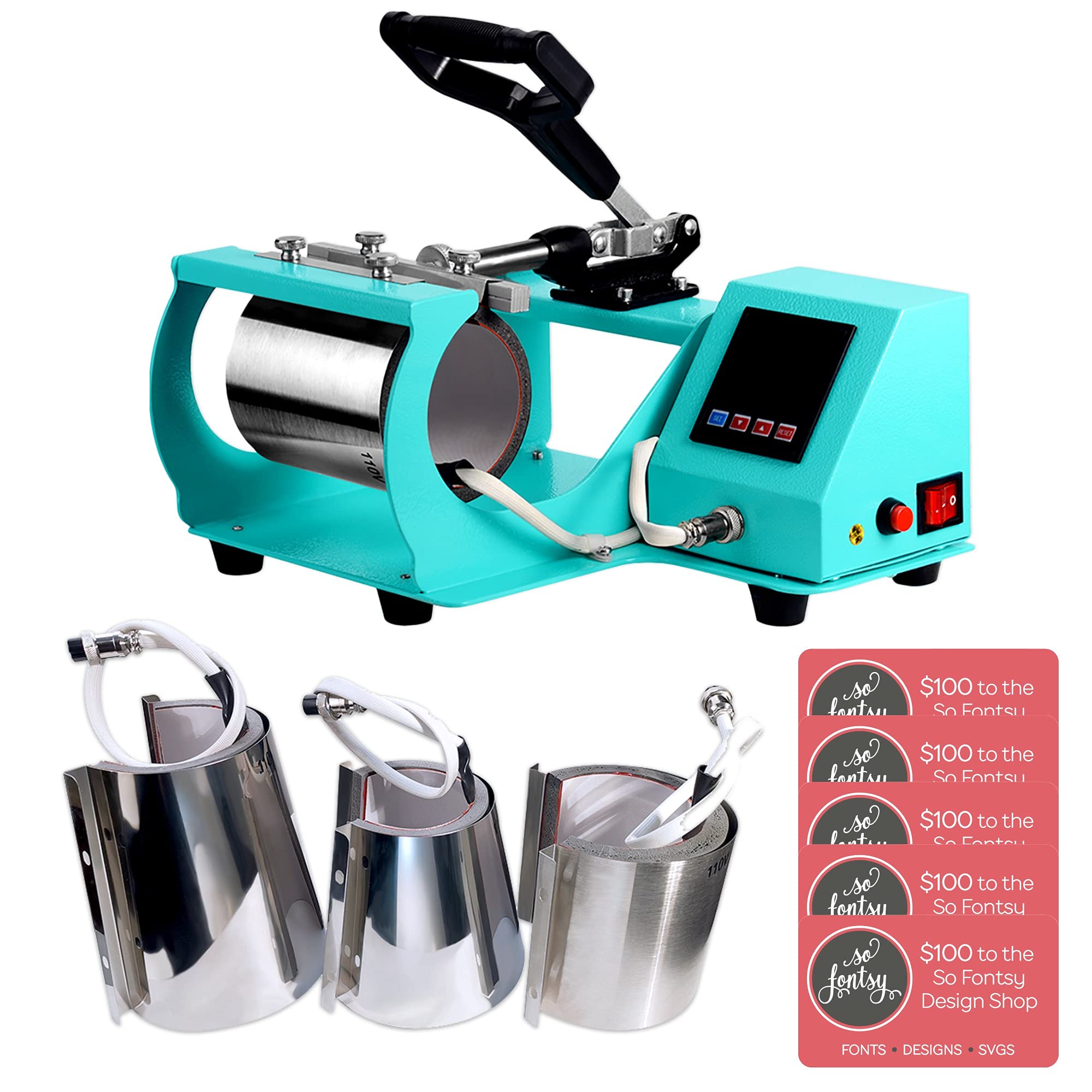 4-in-1 Swing Design Mug Press for Sublimation - Heat Transfer for Cups, Bottles & Tumblers - Includes Design Cards - Turquoise Color - Perfect for DIY Crafts & Small Business Gifts