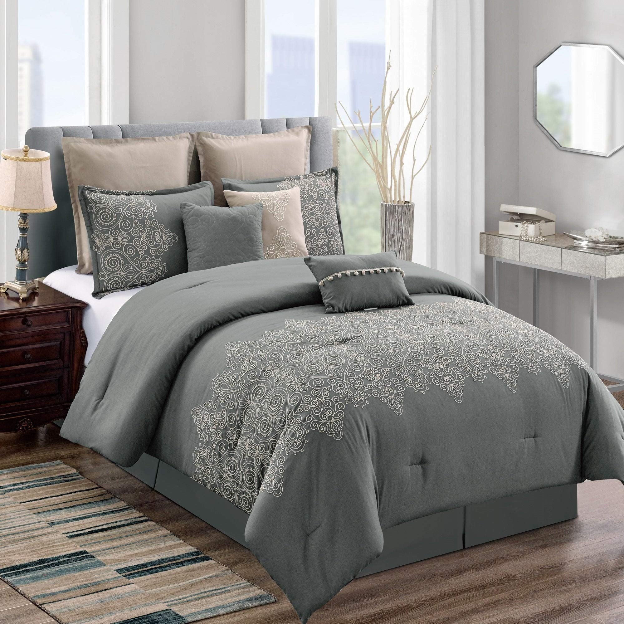 8-Piece Grey Floral Embroidered Comforter Queen Set - Intricate Scroll Medallion Pattern Microfiber Bedding for Master Bedroom & Guest Room Decor