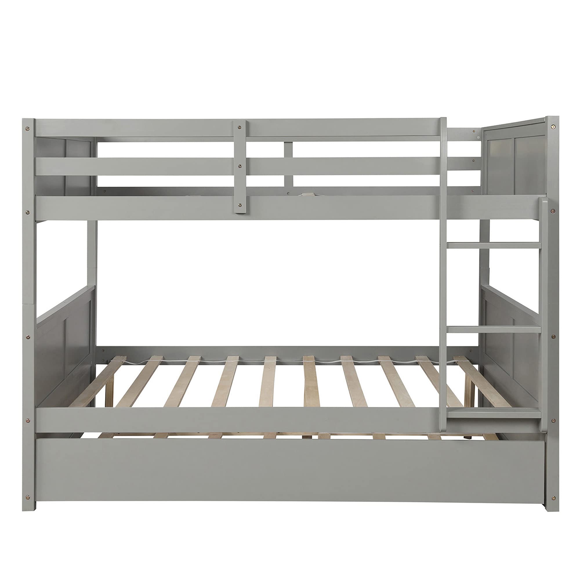 P PURLOVE Full Over Full Bunk Bed with Twin Trundle - Sturdy Wood Bunk Bed Frame with Ladder & Safety Rails - Space-Saving Bunk Beds for Teens & Kids - No Box Spring Required (Gray) - Perfect for Small Bedrooms, Guest Rooms & Vacation Homes