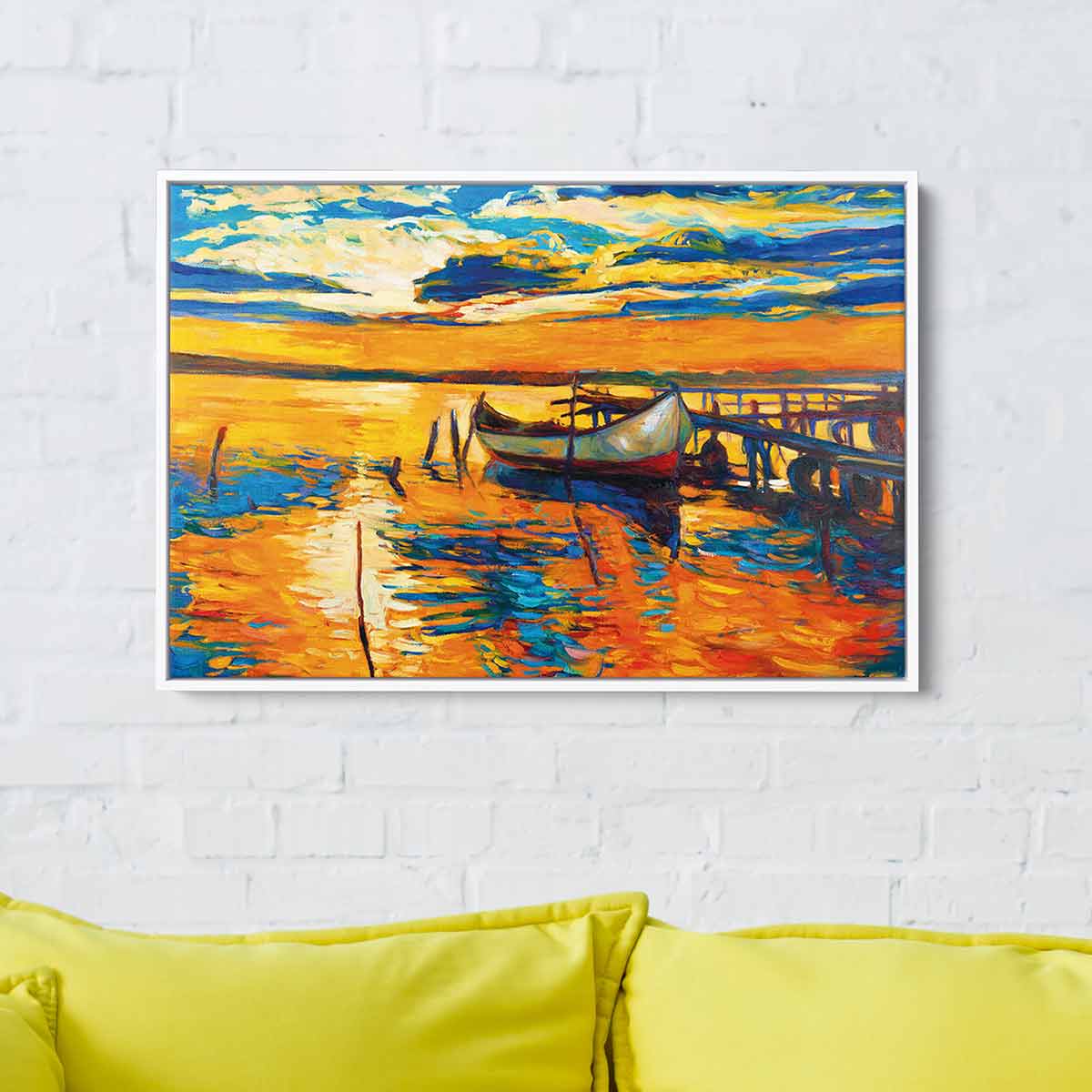 Orange Boat at Sunset Wall Art Canvas Print - 4096 HD Beach Ocean Landscape Painting for Living Room, Bedroom & Office Decor