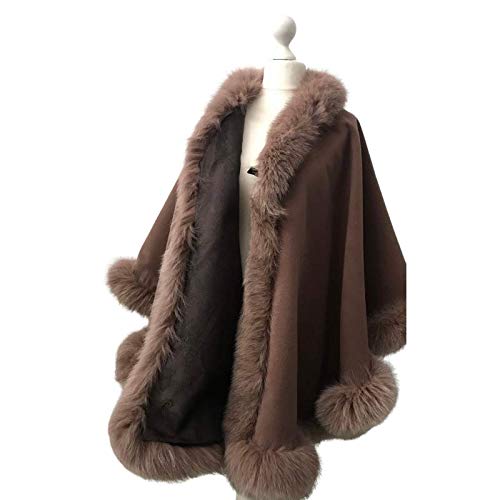 Luxury Brown Women's Winter Coat with Fox Fur Cape Trim - Camel Warm Poncho Jacket with Lining - Tan Heavy Winter Coat for Women | Perfect for Cold Weather, Holiday Outfits & Fashionable Outerwear