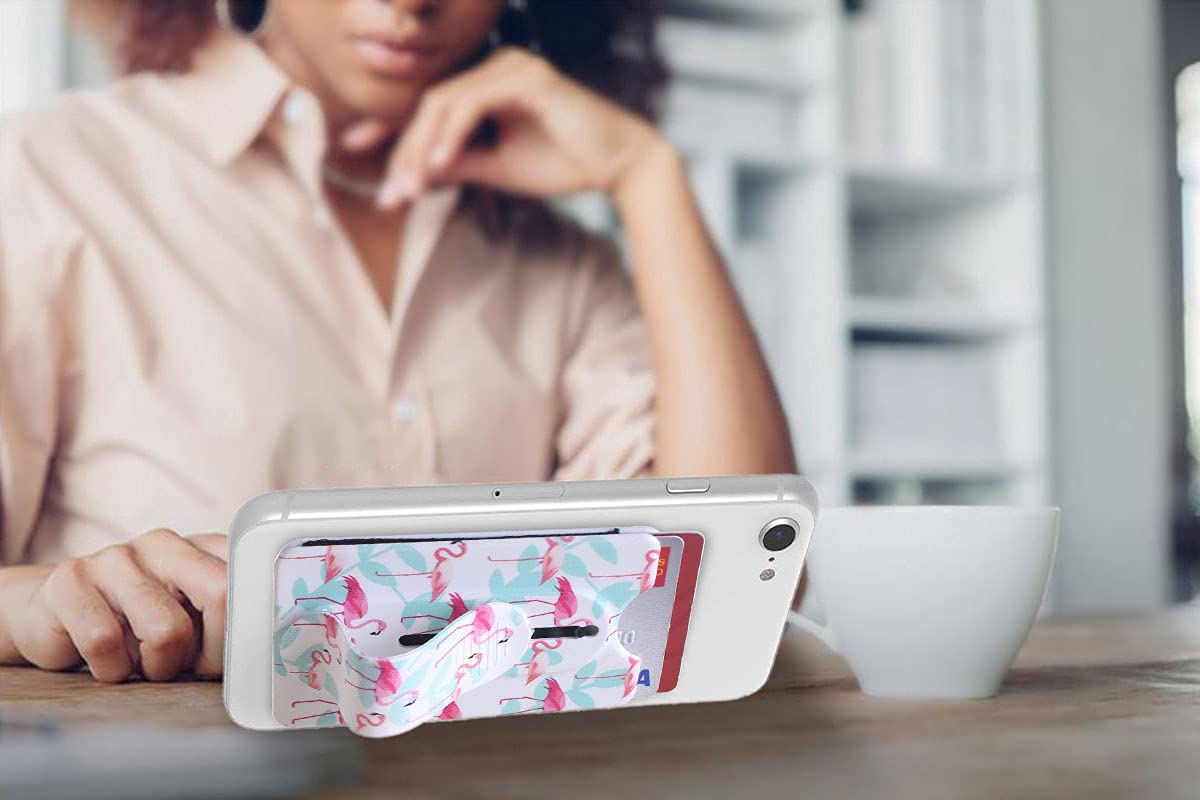 Detachable Phone Wallet with Kickstand & Grip - Wireless Charging Compatible for iPhone & Smartphones (Blue Flamingo) - Perfect for Selfies & Hands-Free Use