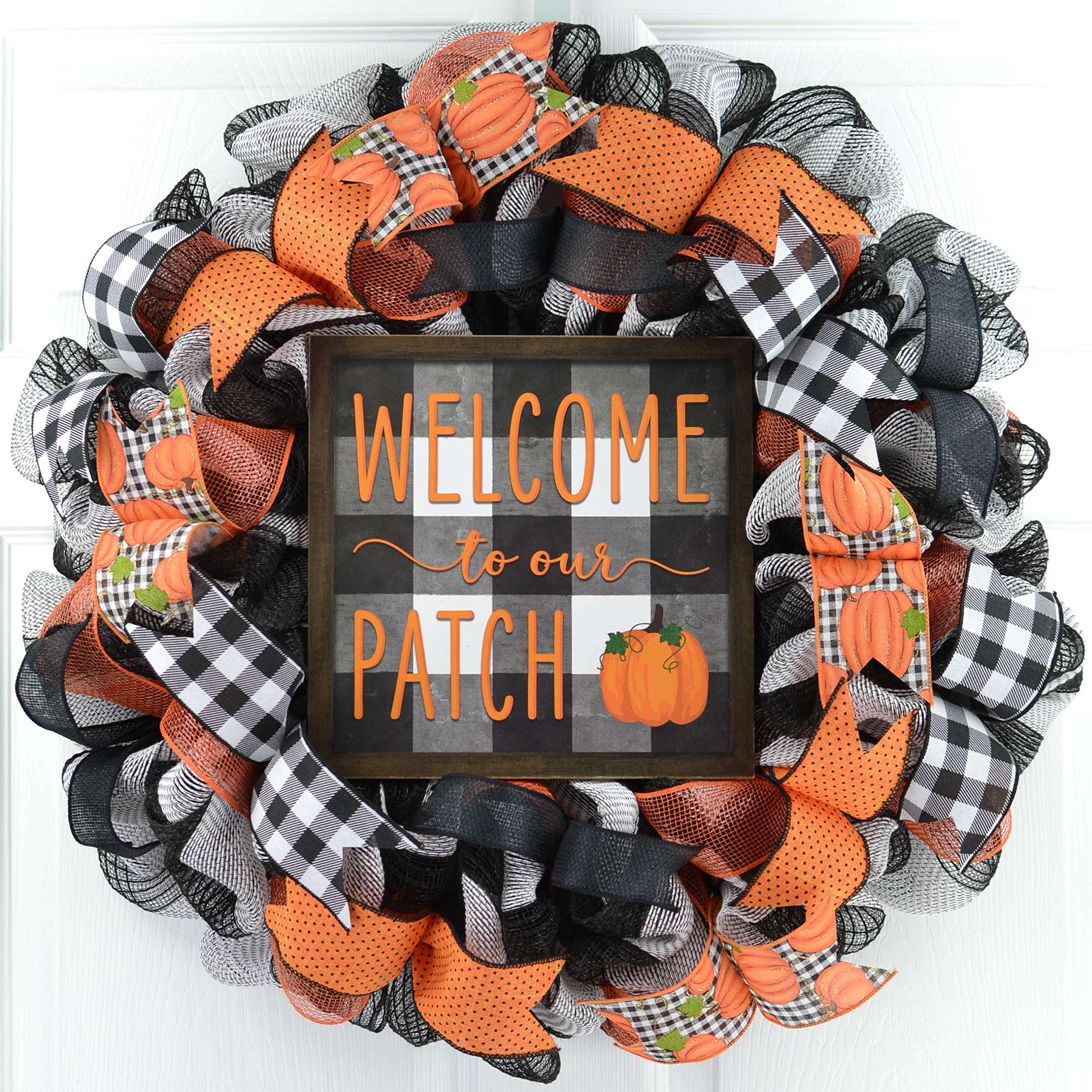 Pumpkin Patch Wreath - Autumn Fall Wreath for Front Door Decor | Black & Orange Farmhouse Thanksgiving Decor | Buffalo Plaid Mesh Door Hanging for Seasonal Home Decor | Perfect for Thanksgiving, Halloween & Fall Home Decoration
