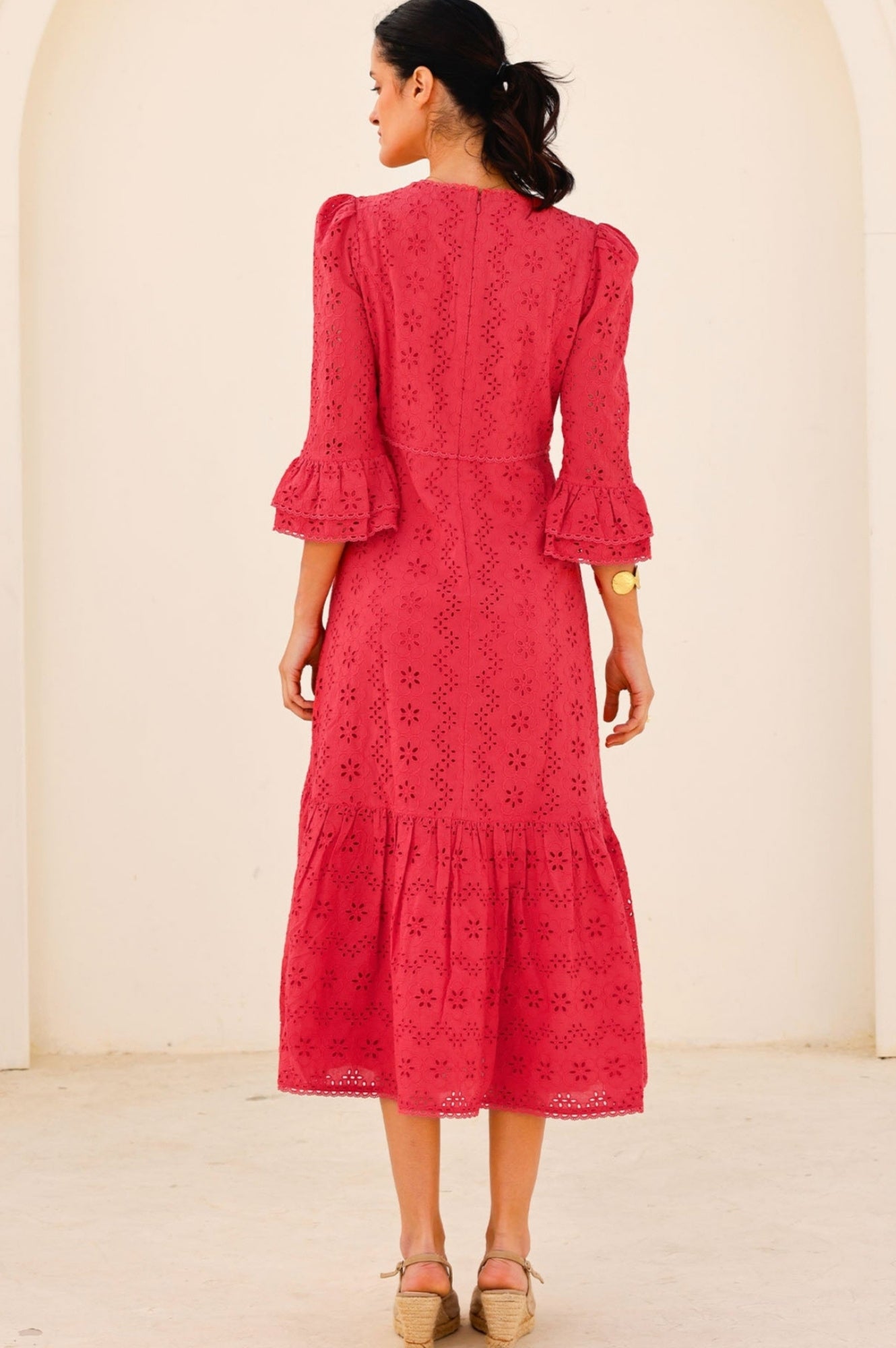 Victoria Broderie Floral Embroidered Maxi Dress - Red | Elegant Summer Beach Wedding Guest Dress for Women
