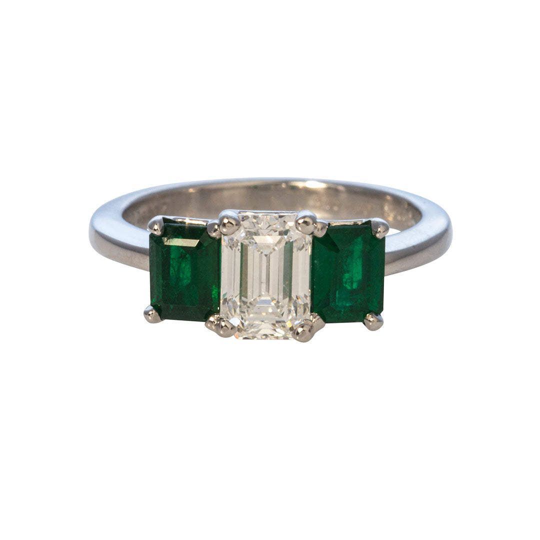1.13ctw Emerald Cut Diamond & Emerald Three Stone Platinum Ring for Engagement, Wedding, Anniversary - Elegant Jewelry Gift for Her