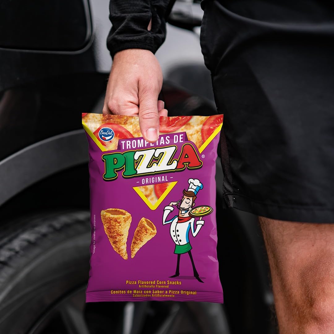 Original Bocadeli Trompetas de Pizza® - Authentic Pizza Flavored Corn Snacks, 2.7oz (1 Pack) - Perfect for Parties, Movie Nights & Snack Time