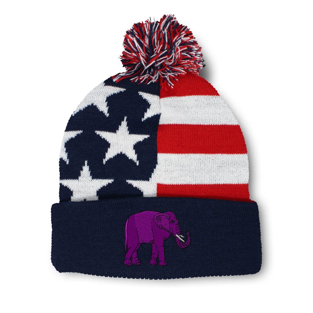 Women's Purple Elephant Embroidery Pom Pom Beanie - Acrylic Winter Skull Cap Hat for Men & Women (One Size Fits All) - Perfect for Cold Weather, Outdoor Activities & Casual Fashion