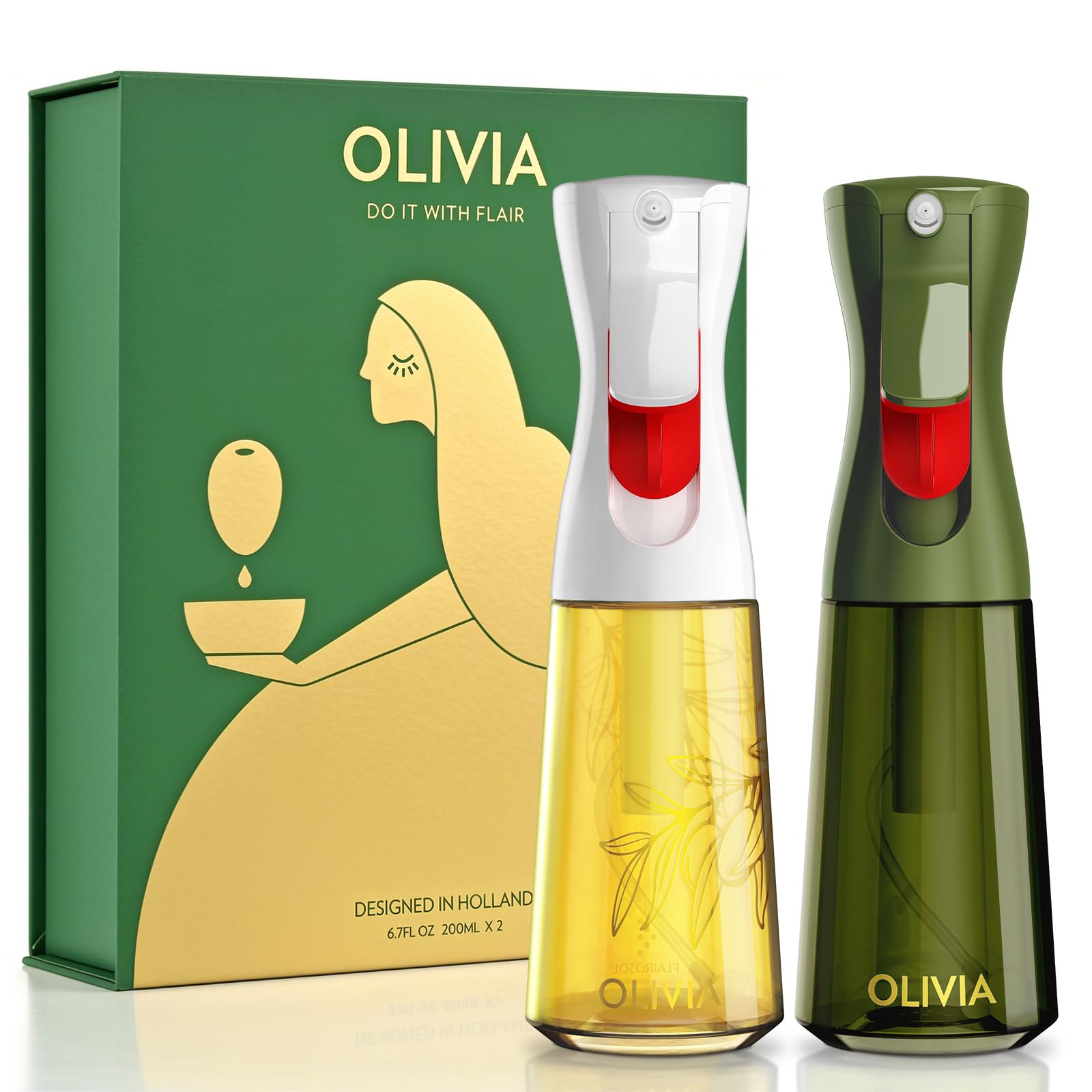 Premium FLAIROSOL OLIVIA 2-Pack Glass Oil Sprayer Set (200ML) - Perfect for Cooking, Air Fryer, Salad Dressing & BBQ - Continuous Mist Olive Oil Dispenser with Portion Control - Kitchen Essential (White & Green)