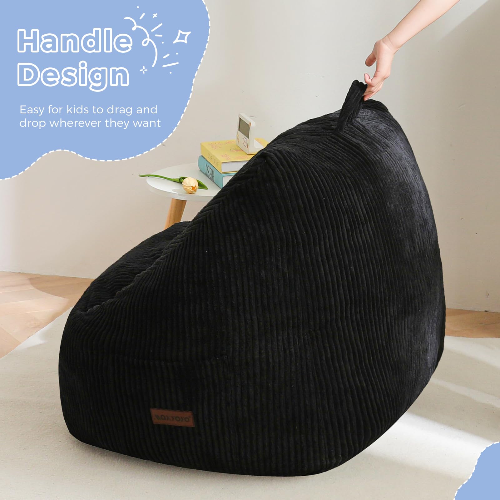 MAXYOYO Kids Bean Bag Chair - Soft Corduroy Bean Bag Couch with Handle & Storage Pocket for Gaming, Reading & Relaxing - Perfect for Bedroom, Playroom & Dorm Room - Black