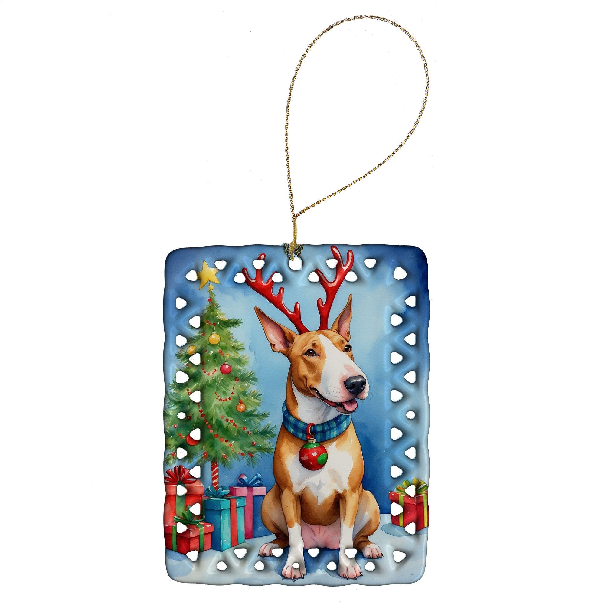 Bull Terrier Christmas Reindeer Porcelain Ornament - Handmade Holiday Tree Hanging Decor for Home, Festive Gift (Rectangle, Multicolor) | Perfect for Christmas Tree Decorations, Holiday Parties & Pet Lover Gifts