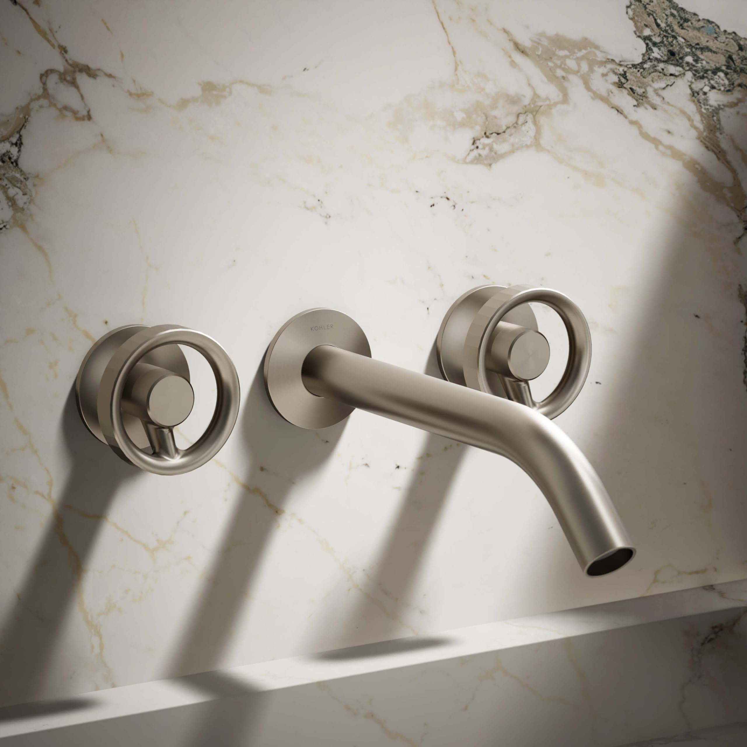 KOHLER Wall-Mount Bathroom Sink Faucet with Industrial Handles - Modern Waterfall Spout for Powder Room, Guest Bath & Small Space Installation