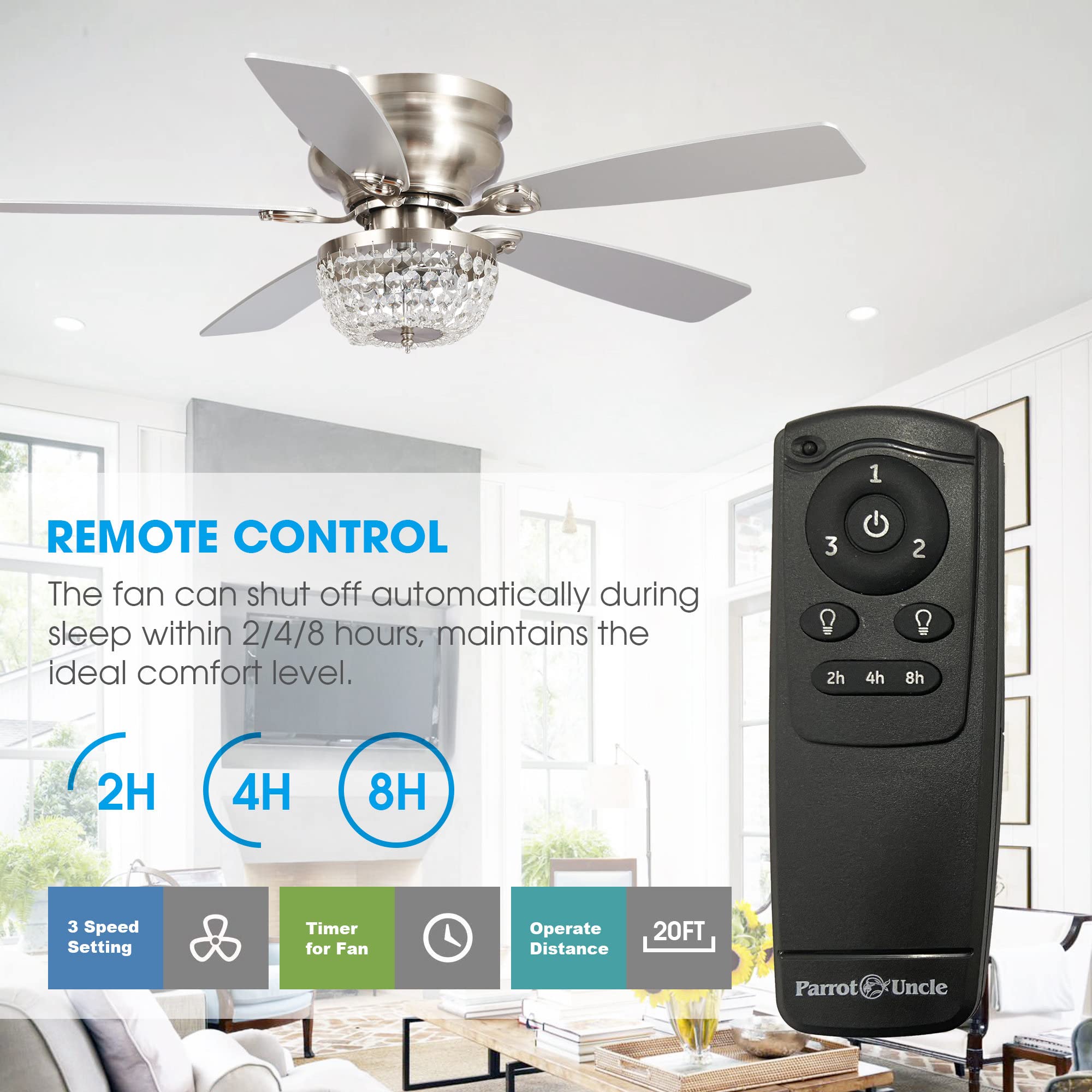 Parrot Uncle 48 Inch Brushed Nickel Flush Mount Ceiling Fan with Light and Remote Control - Low Profile Chandelier Style for Bedroom, Living Room, and Office - Energy Efficient Quiet Operation for Year-Round Comfort