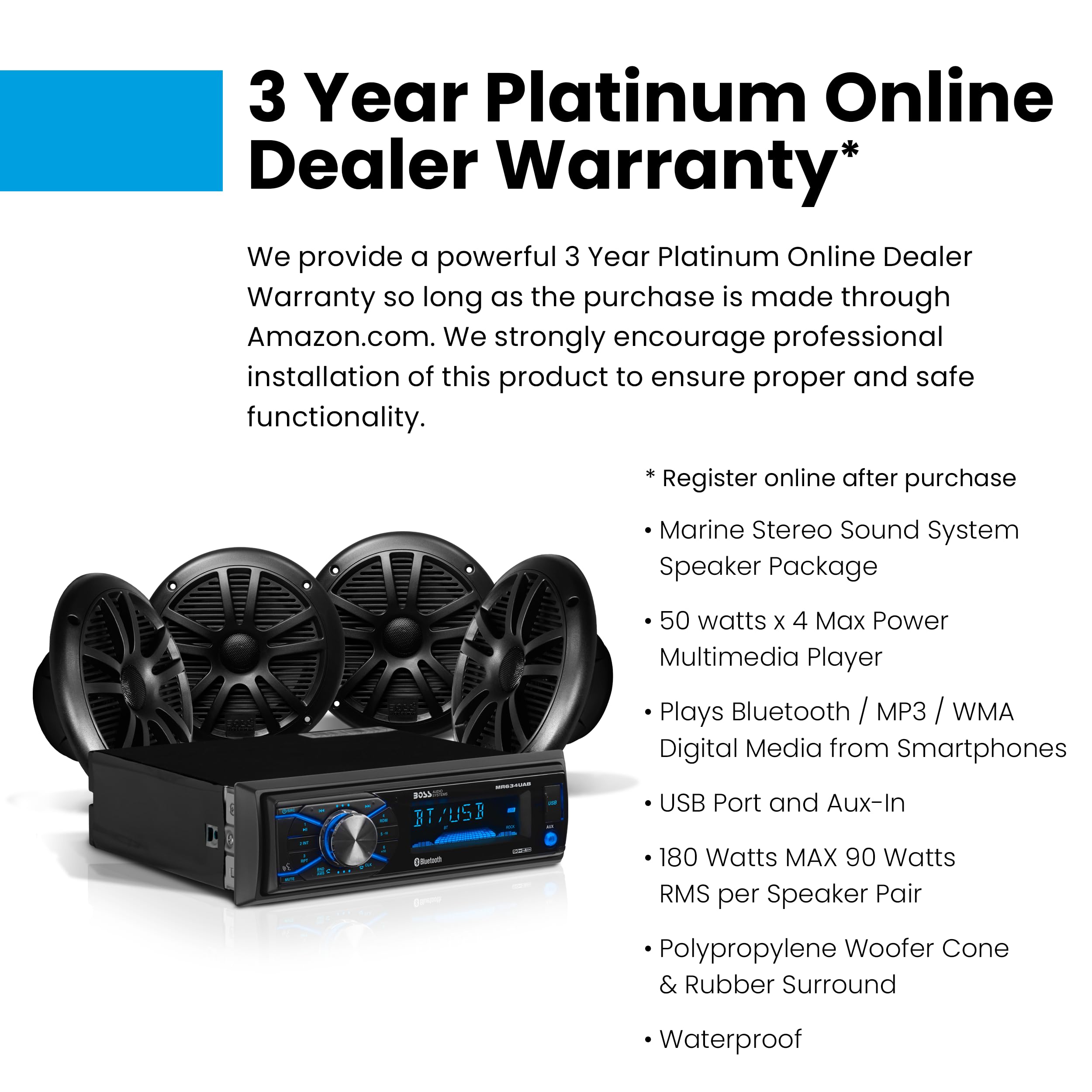 BOSS Audio Systems MCBK634B.64 Marine Boat Bluetooth Stereo System with 6.5 Inch Waterproof Speakers - AM/FM Radio Receiver, No CD/DVD Player, Dipole Antenna - Perfect for Boating, Fishing & Outdoor Water Activities