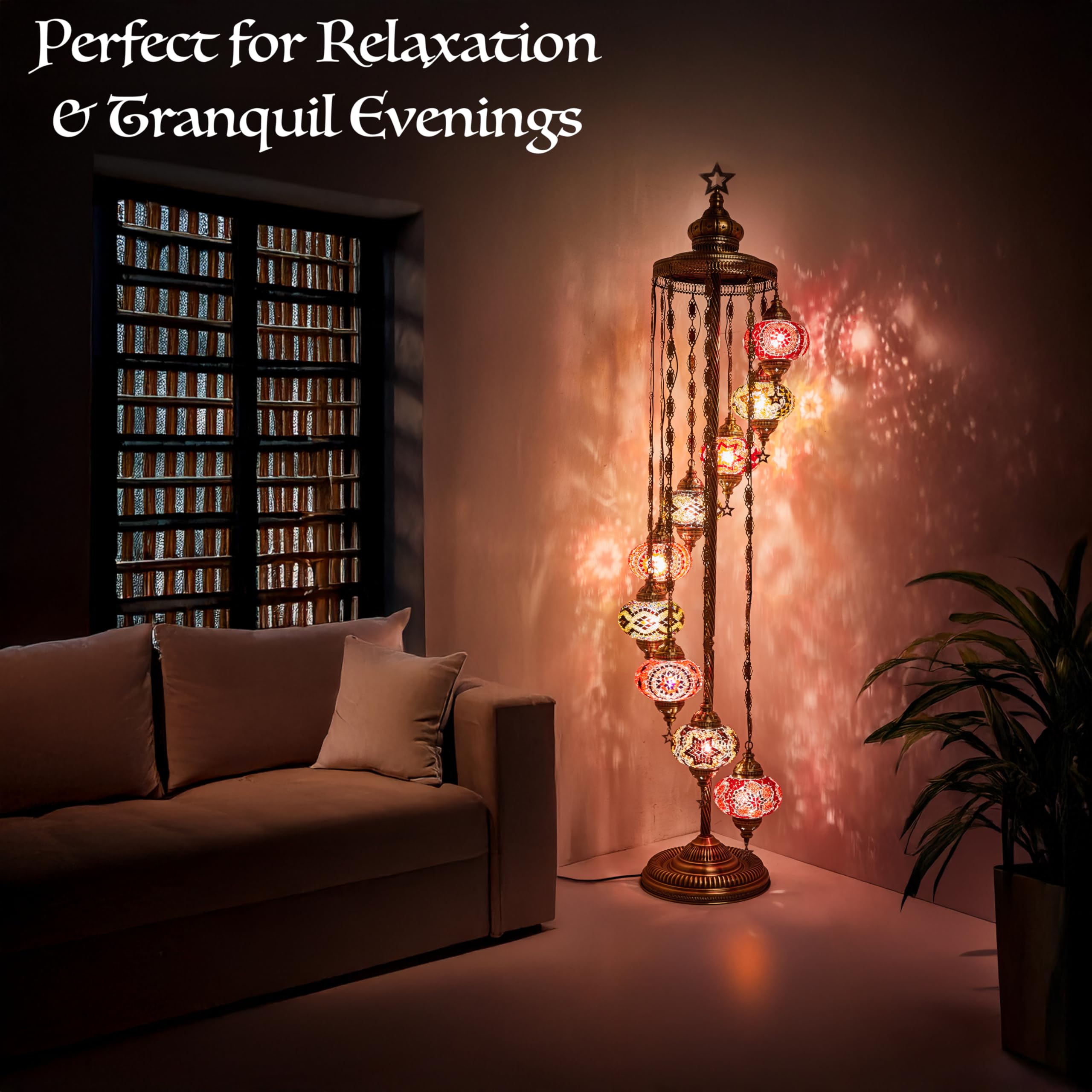 DEMMEX 9 Globe Turkish Floor Lamp - 6ft Tall Moroccan Mosaic Standing Lamp, Handmade Tiffany-Style Decorative Lighting for Bedroom & Living Room (White & Clear) - Perfect for Cozy Reading Nooks & Boho Home Decor
