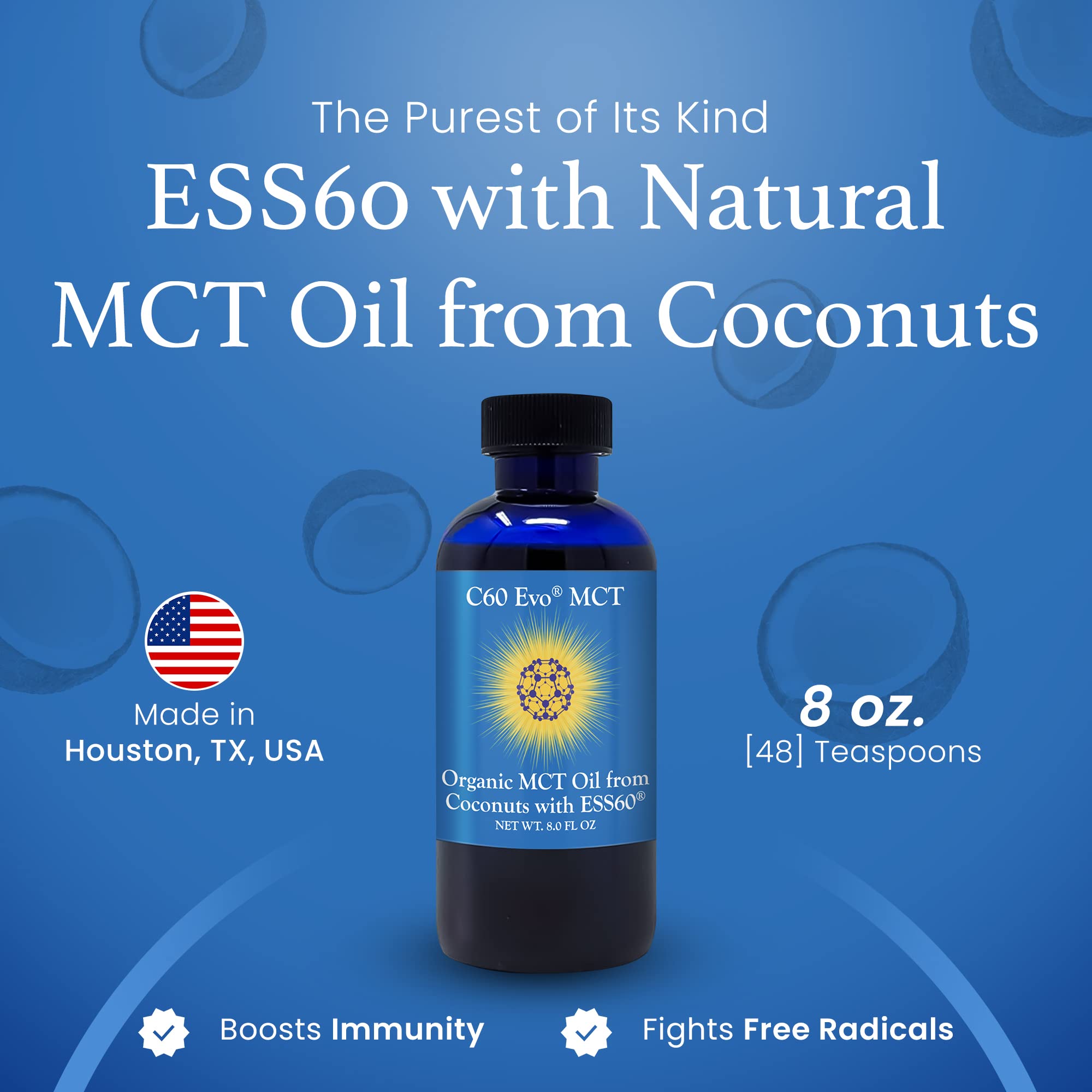 Premium MCT Oil with C60 ESS60 from Coconuts - Immune Support, Sleep Aid & Antioxidant Rich Supplement for Energy Boost, Joint & Flexibility Support - 8 oz - Ideal for Keto Diet, Coffee Boost & Daily Wellness Routine