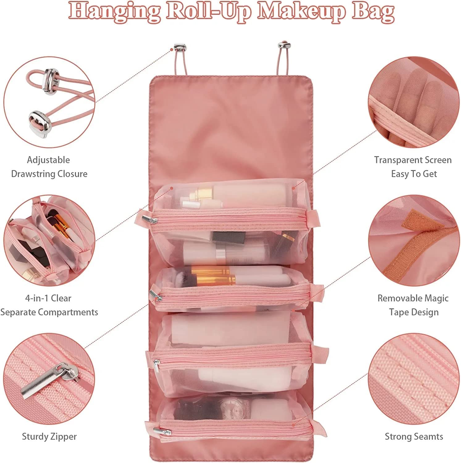 Truenix 4-in-1 Detachable Cosmetic Travel Bag - Portable Hanging Toiletry Organizer with Removable Compartments, Shower & Bathroom Storage Bag for Women (Pink) | Perfect for Vacation, Gym, Camping & Business Trips