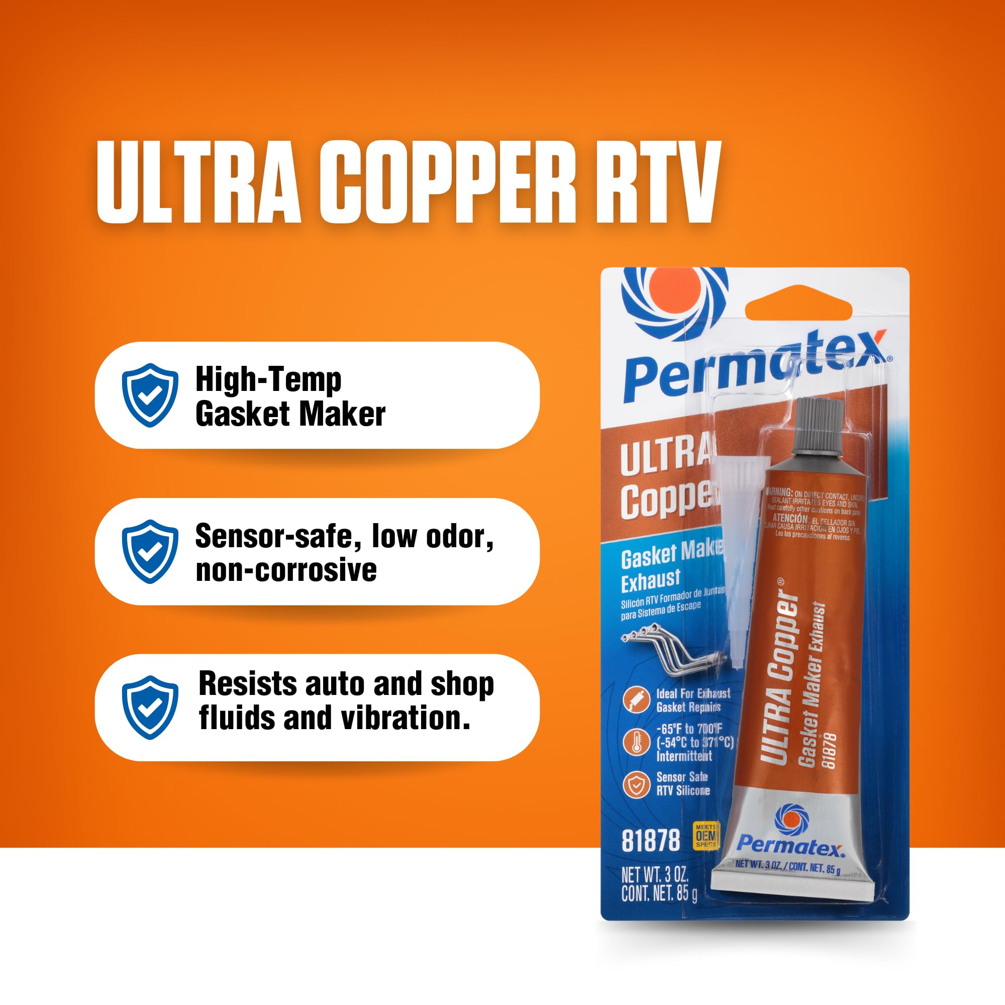 Permatex 81878-12PK Ultra Copper High Temp RTV Silicone Gasket Maker Sealant - 3 oz Tube (12 Pack) - Ideal for Automotive Engines, Exhaust Manifolds & High Heat Applications