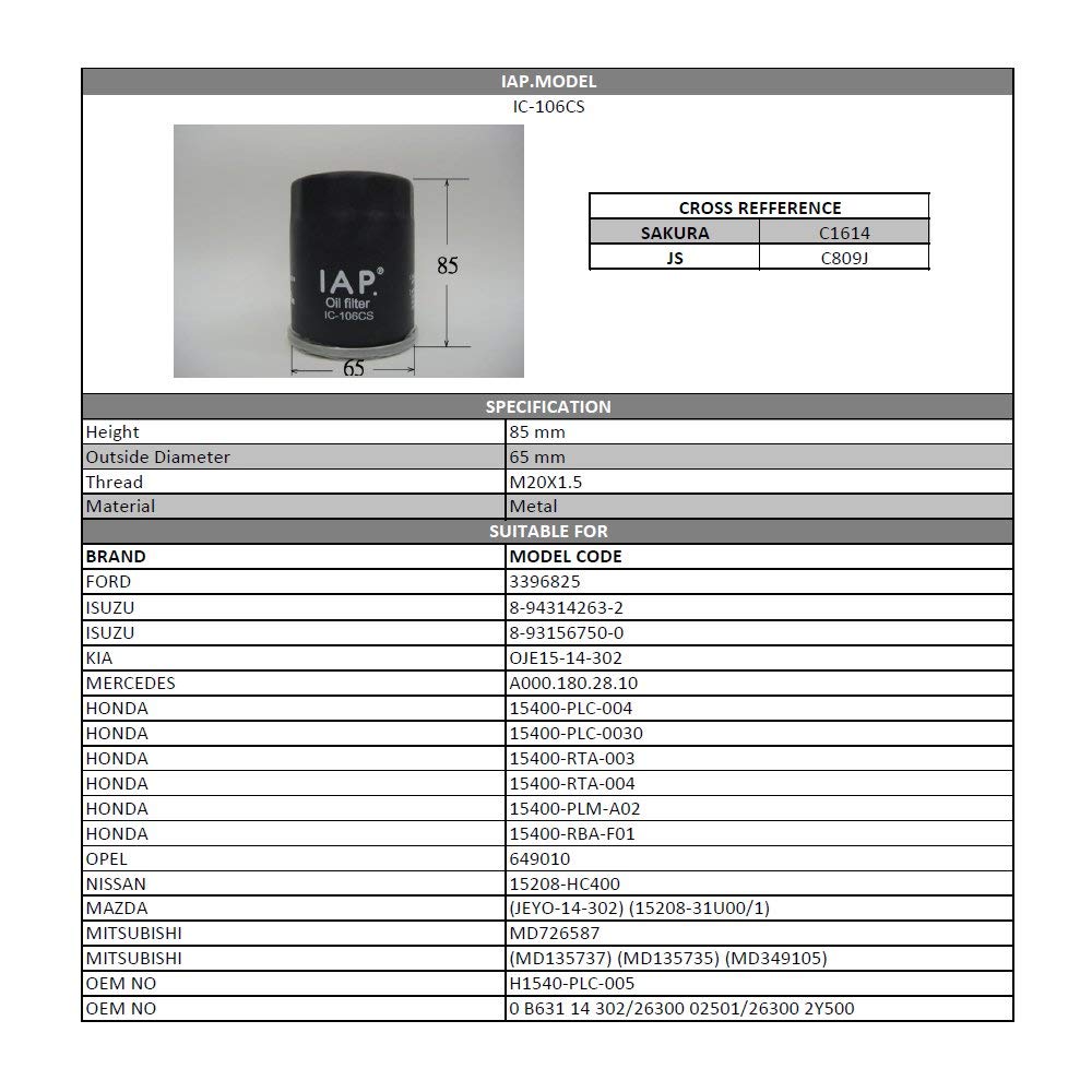 Premium Oil Filter Replacement IAP IC-106CS - Compatible with Honda, Infiniti, Mitsubishi Passenger Cars | High Performance Engine Protection for City Driving & Long Commutes