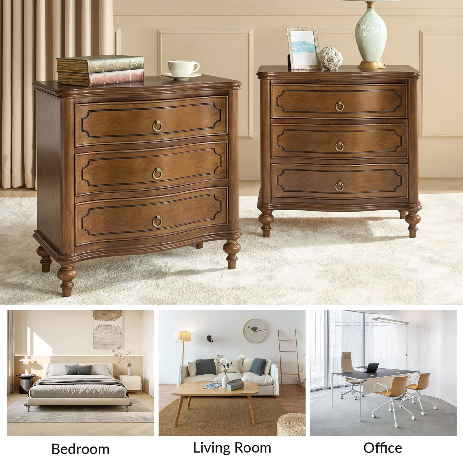 Bernhard 3 Drawer Traditional Nightstand with USB Outlets - Solid Wood Bedside Table for Bedroom, Living Room & Office - Charging Station & Storage Cabinet