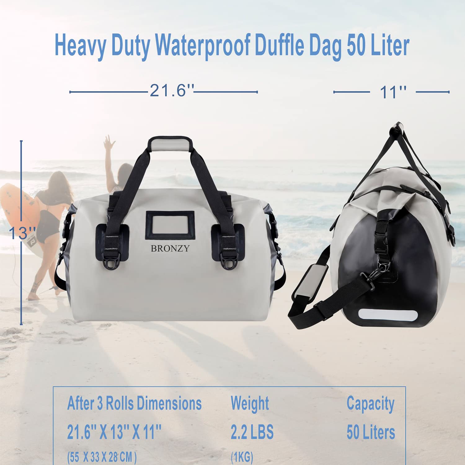 BRONZY 50L Waterproof Duffel Bag - Heavy Duty Dry Duffle Bag for Camping, Kayaking, Travel | Large Capacity, Durable Straps, Heat Seal Finishing | Perfect for Outdoor Adventures, Beach Trips & Water Sports
