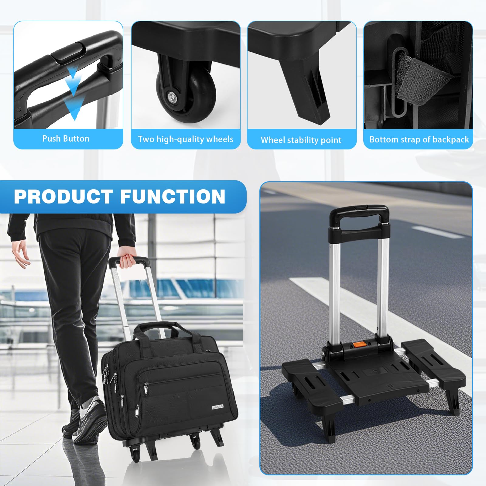 GMAK 16.5 Inch Rolling Laptop Bag for Women & Men - Wheeled Briefcase with Removable Trolley, Durable Computer Bag for Work, Business, Travel, Overnight Trips, and Carry-On Convenience, Black