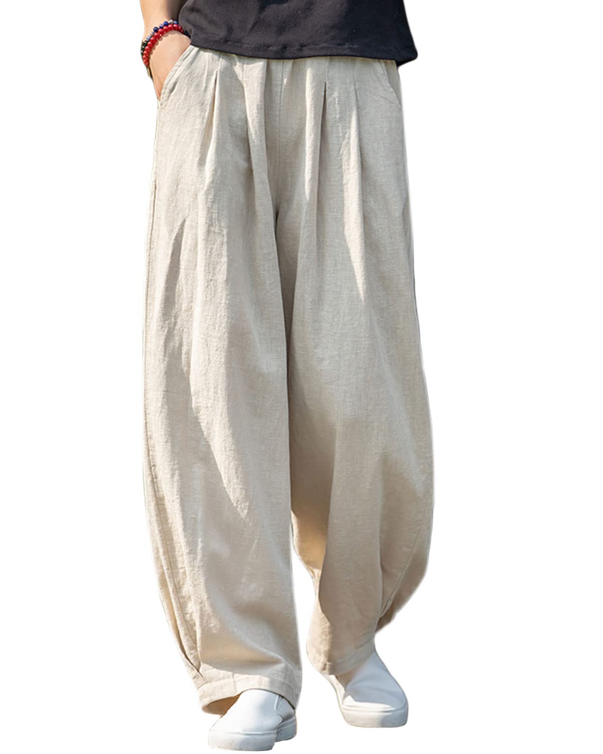 IXIMO Women's Linen Pants - Casual Loose Fit Wide Leg Trousers with Front Pleats | Breathable Summer Pants for Beach, Office & Travel