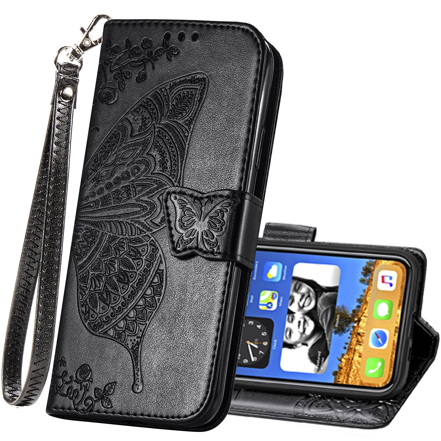Premium PU Leather Wallet Case for iPhone 13 - Flip Cover with Card Slots, Wrist Strap & Kickstand | Protective Phone Case with Butterfly Flower Emboss Design (Black) | Perfect for Everyday Use, Travel & Hands-Free Viewing