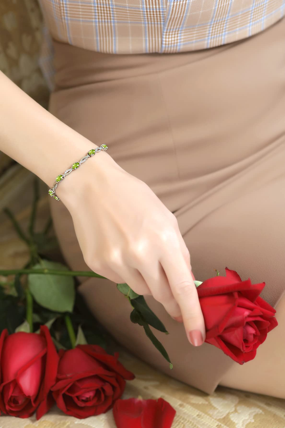 Women's Birthstone Bracelet - Oval Cut Swirl Design Genuine/Synthetic Gemstone Tennis Bracelet in Sterling Silver or Gold Flash with Gift Box | Perfect for Anniversaries, Birthdays & Special Occasions