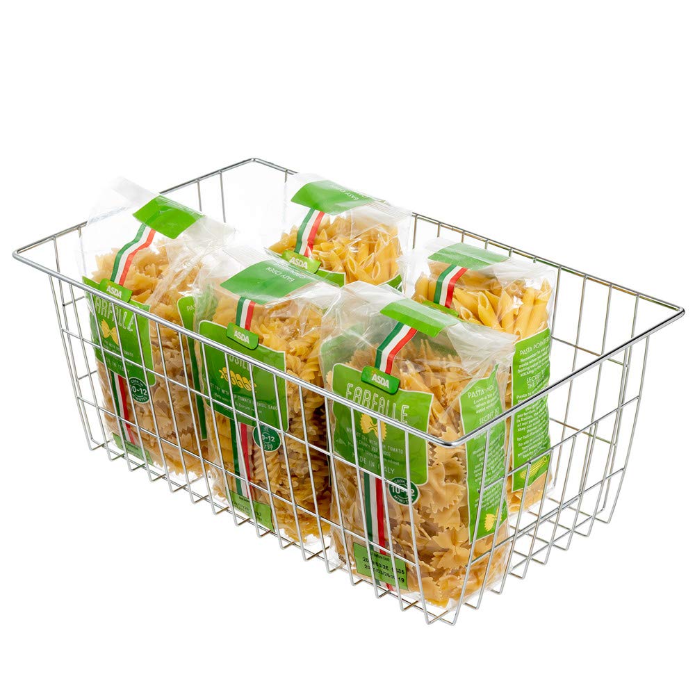 Premium SANNO Freezer Baskets Set of 3 - Chrome Wire Storage Bins for Home Organization (15.7 Inch) | Ideal for Kitchen Freezer, Pantry, Bathroom & Office Storage | Farmhouse Style Closet Organizer Baskets
