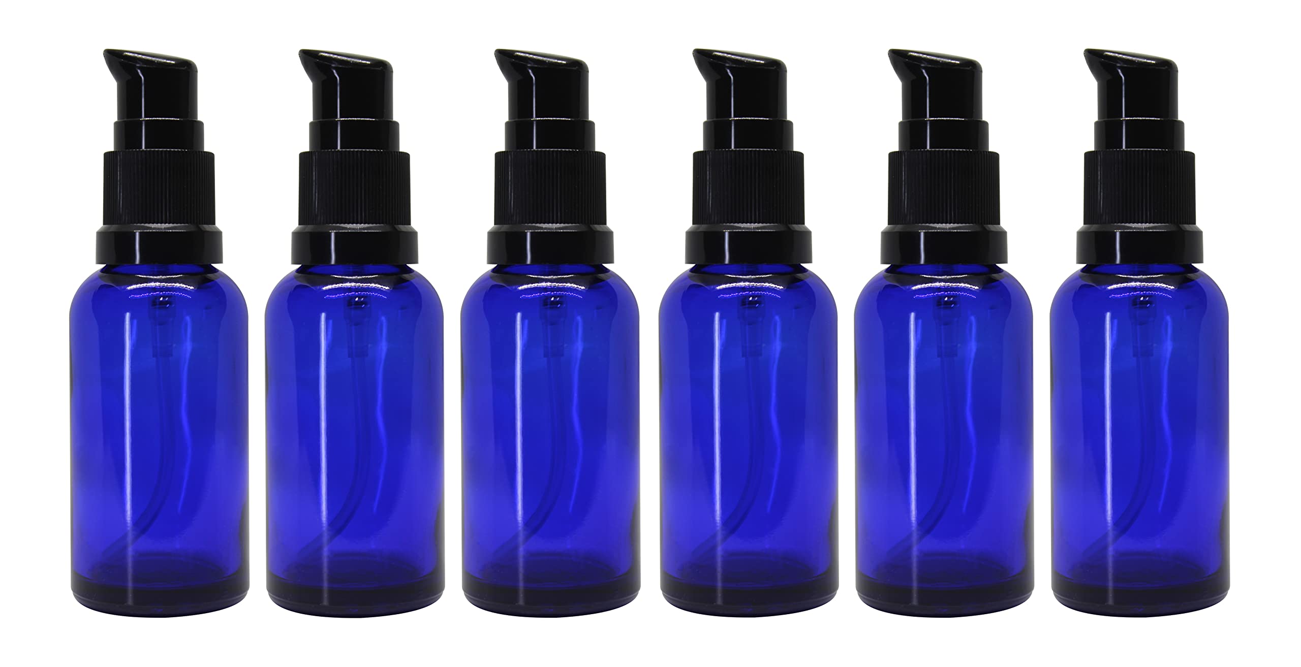 NSB Herbals 30ml Blue Round Empty Glass Bottle with Lotion Pump & Black Cap - Essential Oil Bottles, DIY Skin Care, Cosmetic Containers (Pack of 6) - Perfect for Aromatherapy, Travel Size Toiletries & Homemade Beauty Products
