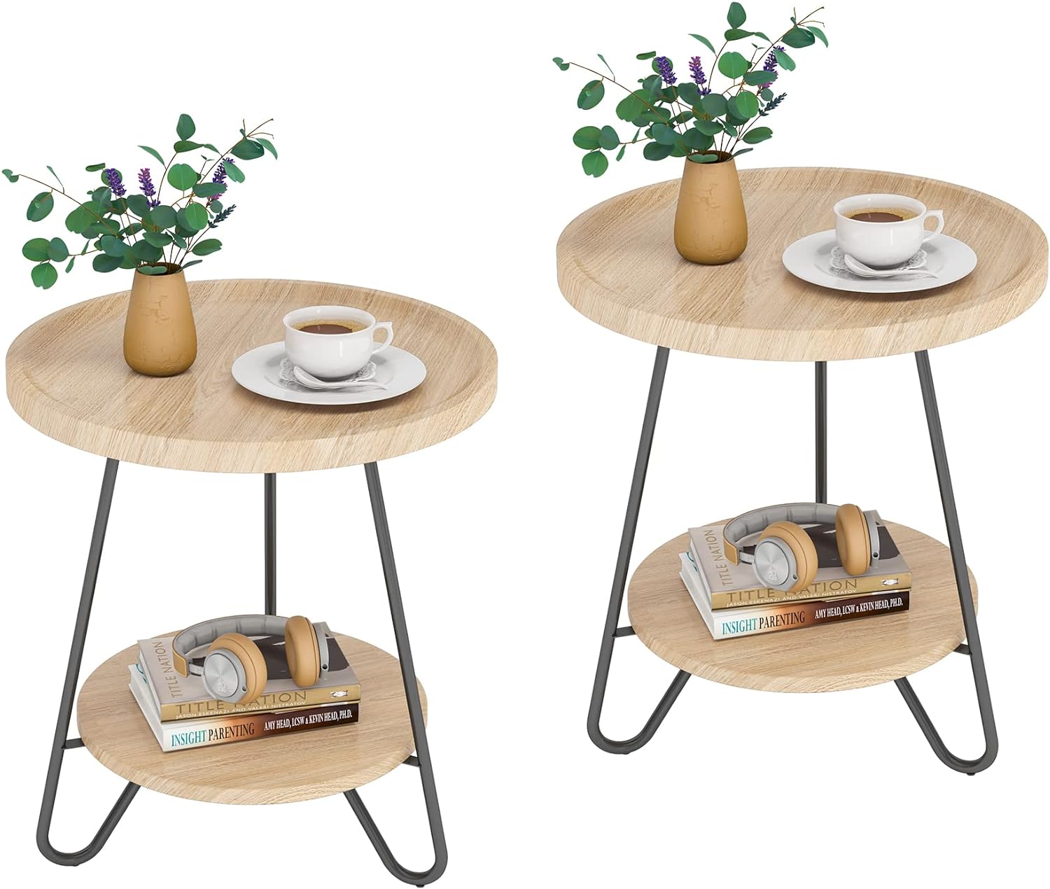 Round End Table with Metal Legs - 2 Tier Side Table for Living Room, Bedroom & Office - Modern Accent Table for Small Spaces & Home Decor