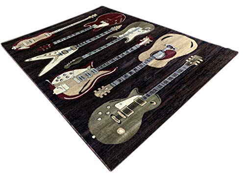 Americana Musical Theme Guitar Area Rug - 8x10.5 Feet Black Burgundy Brown Beige Design for Living Room, Bedroom & Music Studio Decor