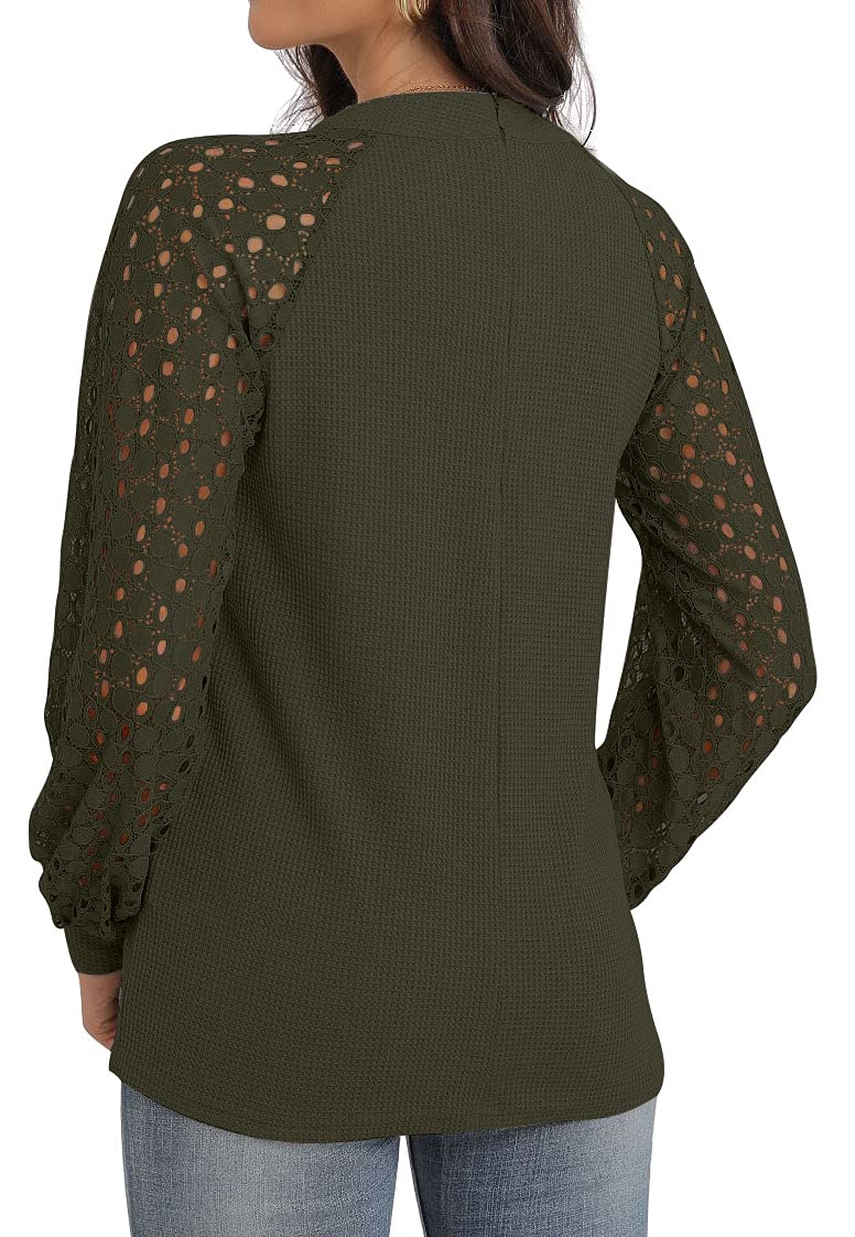 IWOLLENCE Women's Waffle Knit Blouse - Puff Long & Short Sleeve Lace Tops - Casual Loose T-Shirts for Women | Perfect for Office, Date Night & Everyday Wear