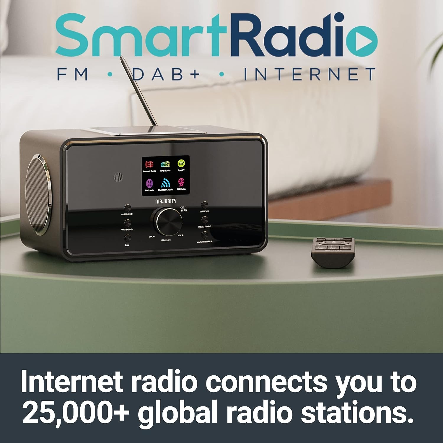 Majority Bard White Bluetooth Internet Radio with DAB+, 100W 2.1 Speakers & Built-In Subwoofer, FM Radio, Spotify Connect, Podcasts, AUX & USB, Dual Alarm, 90+ Presets, Remote Control for Home & Office Entertainment