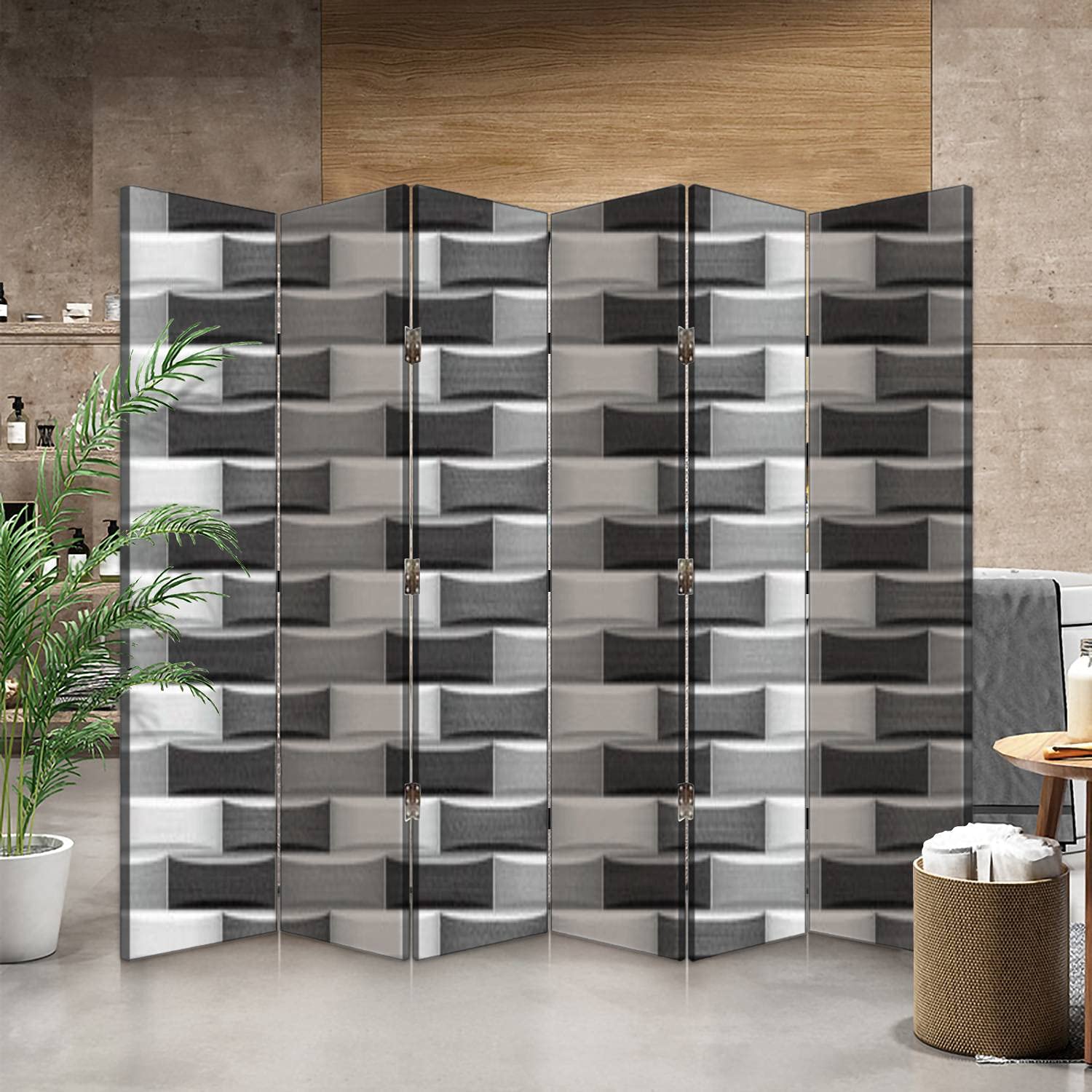 3D Elevation Canvas Room Divider Screen - Wooden Tiles Decor in Grey | 6-Panel Folding Privacy Partition for Bedroom, Office & Living Space | Modern Room Separator & Wall Decor
