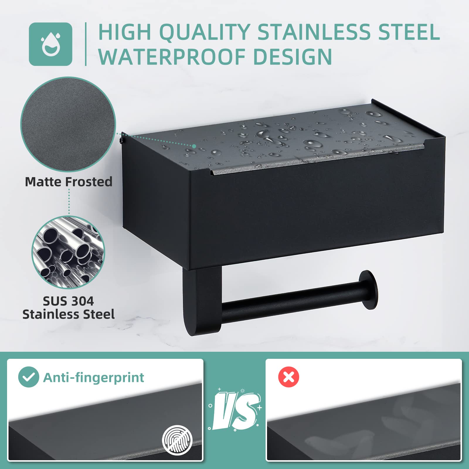 Matte Black Toilet Paper Holder with Shelf & Storage | 2-Pack Towel Robe Hooks | Flushable Wipes Dispenser | Adhesive or Screw Wall Mount | Bathroom Organization for Small Spaces & Modern Homes