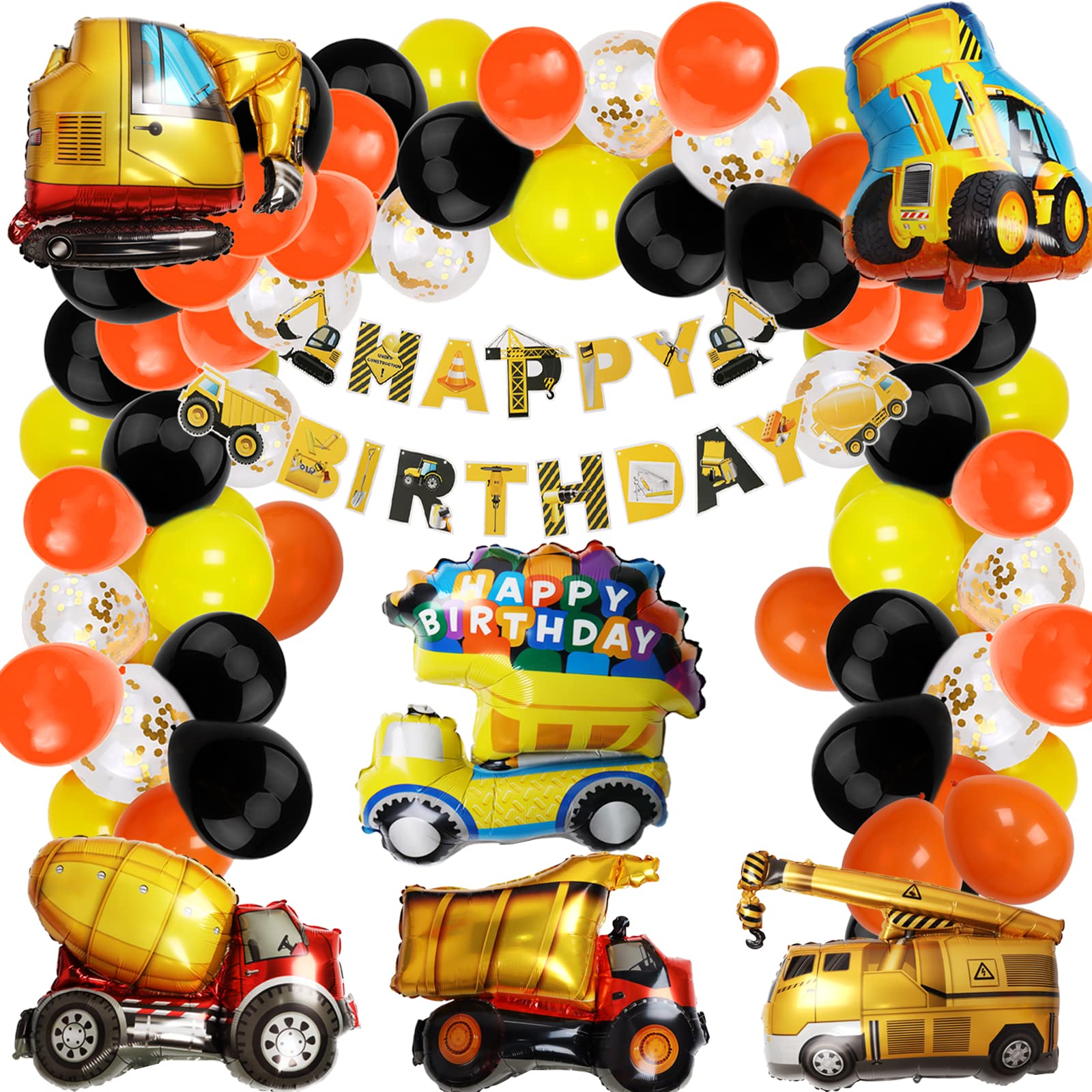 ZERODECO Construction Birthday Party Decorations Set - Happy Birthday Banner & Construction Vehicles Foil Balloons for Boys, Girls Kids | Perfect for Construction Themed Parties, Baby Showers & 1st Birthday Celebrations