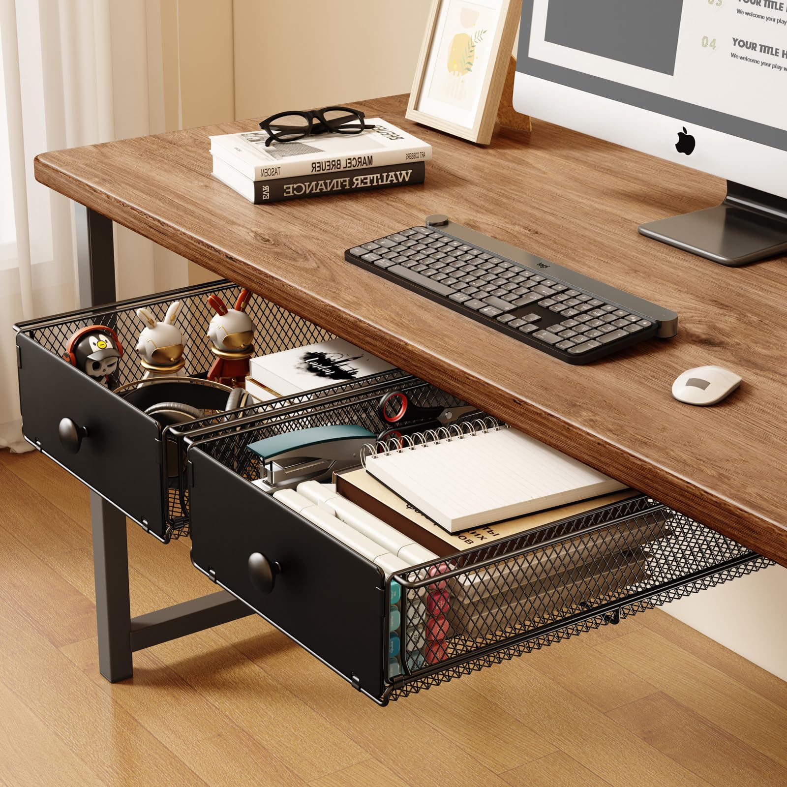 VOLDRA 2 Pack Under Desk Drawer Organizer - Heavy Duty Metal Slide Out Storage Tray for Office Desk (15