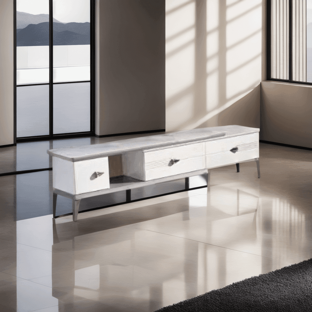 Etta II Extendable TV Stand with Glossy White Jade Stone Top - Modern Entertainment Center for Living Room & Home Theater Setup