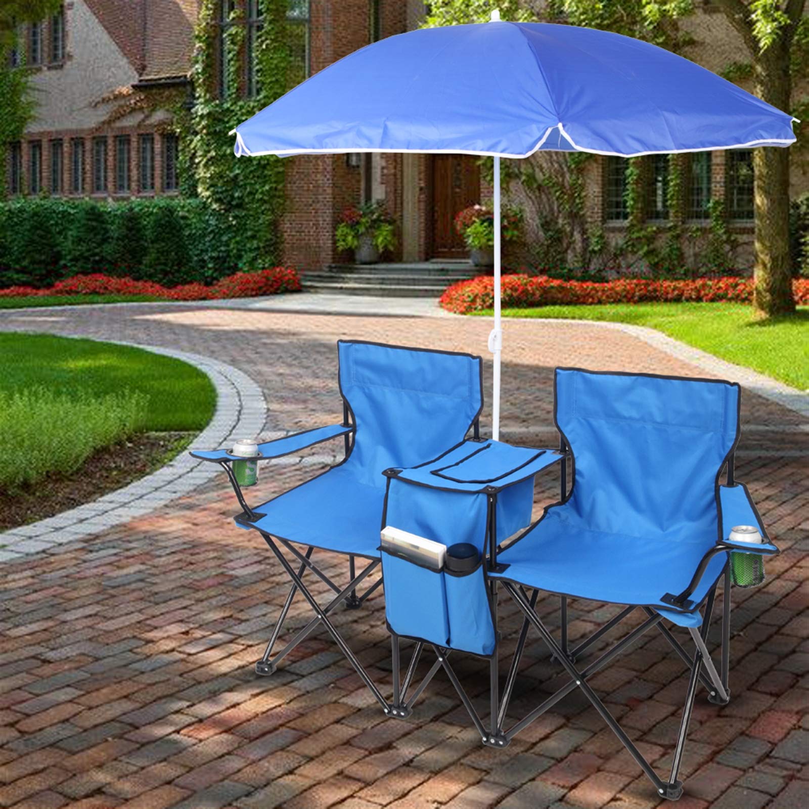 Portable Folding Beach Chair - 2 Seat Lightweight Camping Chair with Sun Umbrella & Cup Holder - 180 lb Capacity - Perfect for Outdoor Beach, Pool, Garden & Park Relaxation