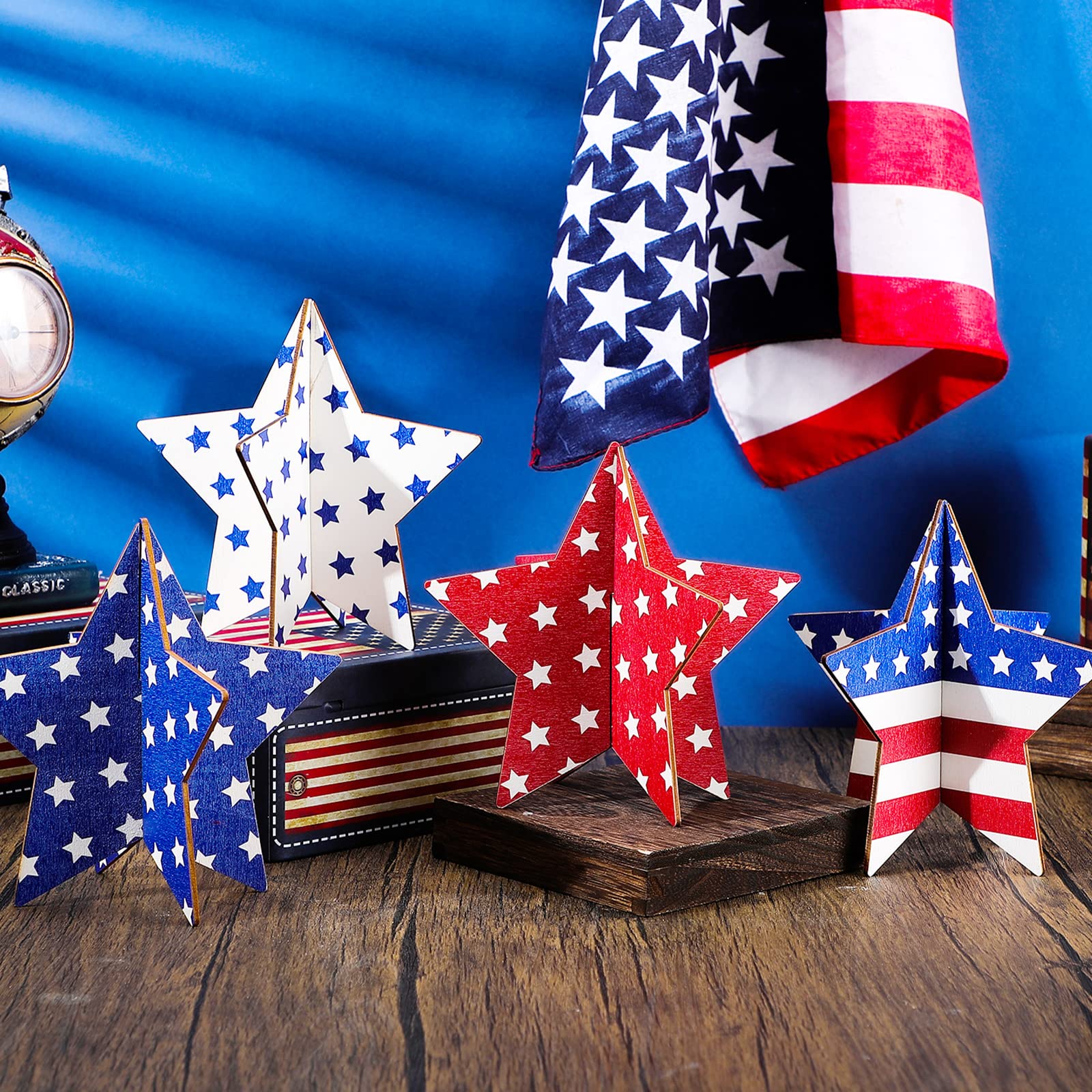 Bucherry 4 Sets Patriotic Wooden Stars Signs - Red White Blue Memorial Day & 4th of July Tiered Tray Decor | 3D Independence Day Table Centerpieces for Home, Living Room & Dining Room Decorations | Perfect for Holiday Parties & Patriotic Celebrations