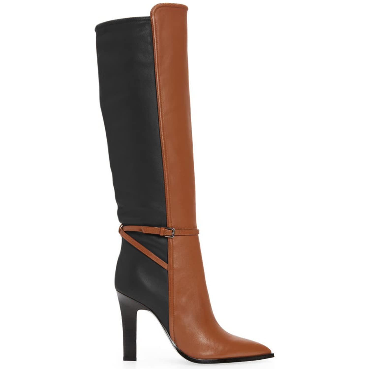 Women's Two-Tone Snakeskin Over The Knee Boots - Brown Pull-On Long Boots with Ankle Strap, Pointed Toe & Thin High Heel (US Size 4-16 M) | Elegant Dress Boots for Office, Party & Night Out